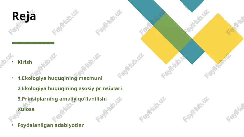 mumkin, bu esa mamlakat iqtisodiyotining barqarorligini oshiradi. o‘zbekistonda “yashil iqtisodiyotni rivojlantirish strategiyasi” doirasida huquqiy tartibga solish kuchaytirilmoqda, bu strategiya 2030 yilgacha atrof-muhitni saqlash va iqtisodiy o‘sishni birlashtirishni ko‘zlaydi. 7 ekologik xavfsizlik bilan bog‘liqligi ekologik xavfsizlik bilan ekologiya huquqining bog‘liqligi o‘zaro bog‘liq va uzviy munosabatlar asosida shakllanadi. ekologik xavfsizlik – bu atrof-muhitning inson salomatligi va hayoti uchun xavfsiz holatini ta’minlash tizimi bo‘lib, ekologiya huquqi esa bu tizimning huquqiy asosini tashkil etadi. bog‘liqlik shundaki, ekologik xavfsizlikni ta’minlash uchun qonuniy mexanizmlar zarur: masalan, xavfli ob’ektlarning monitoringi va favqulodda vaziyatlarga tayyorgarlik. o‘zbekistonda “ekologik xavfsizlik to‘g‘risida”gi qonun ekologiya huquqi normalariga asoslanib, xavfli chiqindilar va radiatsion ifloslanishni tartibga soladi. 9 ekologiya huquqining asosiy prinsiplari ekologiya huquqi zamonaviy huquqiy tizimning muhim tarkibiy qismi bo'lib, inson faoliyati va tabiat o'rtasidagi munosabatlarni tartibga solishga xizmat qiladi. bu soha nafaqat atrof-muhitni saqlash, balki ijtimoiy-iqtisodiy rivojlanishni tabiiy resurslarning cheklanganligi sharoitida ta'minlashga qaratilgan. o'zbekiston respublikasida ekologiya huquqi konstitutsiyaning 50-, 54- va 55-moddalariga …