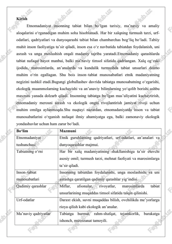 lar, rivoyatlar, marosimlarda tabiat unsurlarining muqaddas timsol sifatida talqin qilinishi. urf-odatlar daraxt ekish, suvni muqaddas bilish, ovchilikda me’yorlarga rioya qilish kabi ekologik an’analar. ma’naviy qadriyatlar tabiatga hurmat, rahm-shafqat, tejamkorlik, barakatga ishonch, muvozanat tamoyili. xalq hunarmandchiligi tabiiy materiallardan foydalanish: yog‘och, loy, tosh, jun, teri; ular bilan ishlash an’analari. xalq og‘zaki ijodi qo‘shiqlar, ertaklar, maqollar orqali tabiatga madaniy munosabat aks etadi. ekologik ong tabiatni asrash, resurslardan ehtiyotkor foydalanish va avlodlarga yetkazish haqidagi madaniy qarashlar. an’anaviy ekologiya qadimiy me’yorlar: daraxt kesishda ehtiyotkorlik, suvni iflos qilmaslik, hayvonlarni ortiqcha ovlamaslik. zamonaviy o‘zgarishlar urbanizatsiya, texnologiya va iste’molchilik tabiatga an’anaviy munosabatni o‘zgartirmoqda. etnomadaniy bilimlarni qo‘llash ekologik tarbiya, ta’lim, fan va jamiyatda qadimiy tajribadan foydalanish. inson mas’uliyati tabiatni muhofaza qilish, resurslarni tejash va ekologik madaniyatni rivojlantirish zarurati. etnomadaniyatning ahamiyati ekologik muvozanatni tiklash, milliy o‘zlikni mustahkamlash va barqaror rivojlanishni ta’minlashga xizmat qiladi. yakuniy g‘oya inson tabiatga ongli munosabat qilsagina, madaniyat o‘sadi va avlodlar uchun sog‘lom muhit yaratiladi. etnomadaniyatning mazmuni …