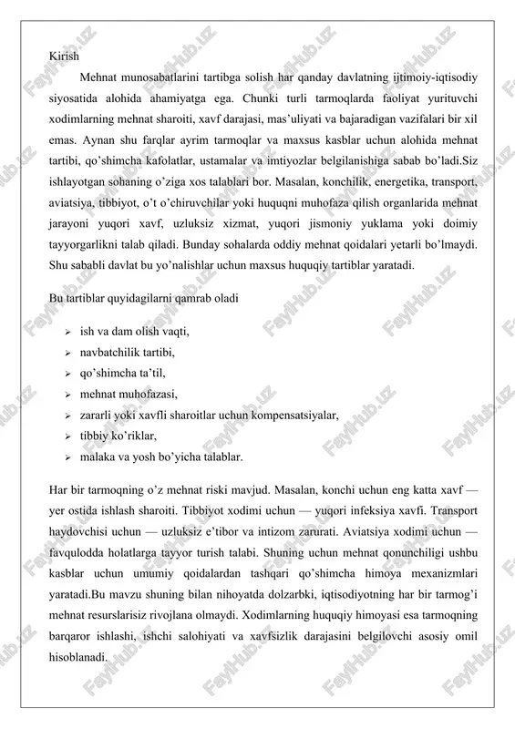 zu shuning bilan nihoyatda dolzarbki, iqtisodiyotning har bir tarmog’i mehnat resurslarisiz rivojlana olmaydi. xodimlarning huquqiy himoyasi esa tarmoqning barqaror ishlashi, ishchi salohiyati va xavfsizlik darajasini belgilovchi asosiy omil hisoblanadi. o’zbekiston respublikasi mehnat kodeksining 7-bobi (116–126-moddalar) aynan shu masalaga bag’ishlangan. ushbu bobda transport, aloqa, energetika, geologiya-qidiruv, kon-qazib chiqarish ishlarida band bo’lgan xodimlar, shuningdek, tibbiyot, ta’lim, madaniyat xodimlari va boshqa ayrim toifadagi xodimlar mehnatining o’ziga xos tartibi belgilangan. kodeksning 116-moddasida “ayrim toifadagi xodimlar mehnatining xususiyatlari” degan umumiy qoida berilgan bo’lib, unda qonunda yoki mehnat shartnomasida boshqacha tartib nazarda tutilmagan hollarda umumiy qoidalar qo’llanilishi ta’kidlanadi. bundan tashqari, maxsus qonun hujjatlari va normativ hujjatlar quyidagicha tartibga soladi: - transport sohasi – “avtomobil transporti to’g’risida”gi, “temir yo’l transporti to’g’risida”gi qonunlar, vazirlar mahkamasining 2018-yil 12-fevraldagi 110-son qarori bilan tasdiqlangan “yo’lovchi va yuk tashish qoidalari”; - energetika – “elektr energetikasi to’g’risida”gi qonun, navbatchilik va uzluksiz ishlash tartibini belgilovchi ichki qoidalar; - tibbiyot – “aholining sog’lig’ini saqlash to’g’risida”gi …