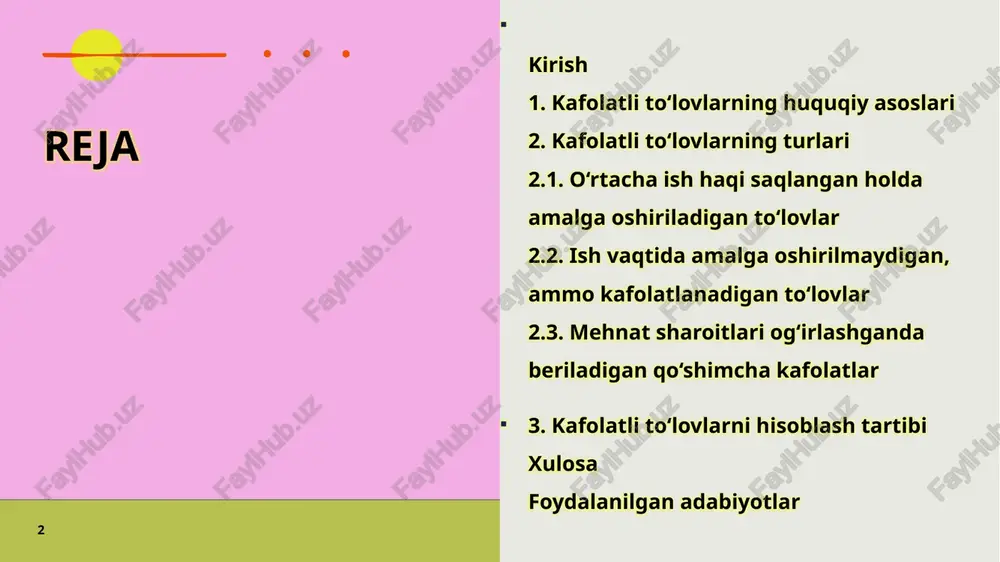 imning mehnat majburiyatlarini bajarishdan ozod qilingan yoki o‘z ixtiyoriga zid ravishda mehnat normalarini bajara olmagan davr uchun o‘rtacha ish haqi miqdoridagi pul to‘lovlari sifatida ta’riflanadi “mehnatga haq to‘lash tizimi to‘g‘risida” va boshqa normativ-huquqiy hujjatlarda belgilangan kafolatlar kafolatli to‘lovlarning huquqiy asoslari nafaqat mehnat kodeksiga, balki “mehnatga haq to‘lash tizimi to‘g‘risida”gi normativ hujjatlar va boshqa qonunchilik aktlariga ham tayangan holda shakllangan. o‘zbekiston respublikasining prezident farmonlari va qarorlari, jumladan, pf-5723-son (2019 yil 21-may) “mehnatga haq to‘lash, pensiyalar va nafaqalar tizimini takomillashtirish chora-tadbirlarini joriy etish to‘g‘risida”gi farmon, mehnatga haq to‘lashning yagona tarif setkasini qo‘llash va xodimlarning kafolatli to‘lovlarini hisoblash tartibini belgilaydi. ish beruvchining kafolatli to‘lovlarni ta’minlash bo‘yicha majburiyatlari ish beruvchining kafolatli to‘lovlarni ta’minlash majburiyatlari mehnat kodeksining 280-moddasida aniq belgilangan bo‘lib, u xodimga kafolatli to‘lovlarni amalga oshirishni majburiy deb hisoblaydi. bu majburiyat xodimning mehnat huquqlarini buzilishiga qarshi himoya vositasi sifatida ishlaydi va ish beruvchiga moddiy va ma’muriy javobgarlik yuklaydi. chuqur tahlilga ko‘ra, ish beruvchining asosiy …