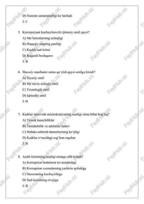 ytiradi b) mansabdorlar manfaat izlashini kuchaytiradi c) davlat xizmatlarini tezlashtiradi d) huquqiy ongni oshiradi j: b 3. yopiq qarorlar qabul qilish tizimi nimaga olib keladi? a) ochiqlik oshishiga b) korrupsion xavfning ortishiga c) shaffoflikning kuchayishiga d) halollikning ko‘tarilishiga j: b 4. ijtimoiy tengsizlik korrupsiyaga qanday ta’sir qiladi? a) uni kamaytiradi b) uni kuchaytiradi c) shaffoflikni oshiradi d) sud tizimini kuchaytiradi j: b 5. ma’naviy qadriyatlarning pasayishi qaysi omilga kiradi? a) siyosiy b) axloqiy c) iqtisodiy d) tashkiliy j: b 6. tashkiliy omillarga misol bo‘la oladigan holat qaysi? a) byurokratiya va ortiqcha rasmiyatchilik b) yuqori ish haqi c) kuchli merosxo‘rlik tizimi d) raqamlashtirish j: a 7. nazorat tizimining kuchsizligi nimaga olib keladi? a) korrupsiyaning kamayishiga b) korrupsion sxemalarning barqarorlashishiga c) kadrlar malakasining oshishiga d) davlat xizmatlarining sifatiga j: b 8. aholining huquqiy bilimining pastligi qaysi jihatga taalluqli? a) texnologik omil b) ijtimoiy omil c) siyosiy omil d) tashkiliy omil j: b …
