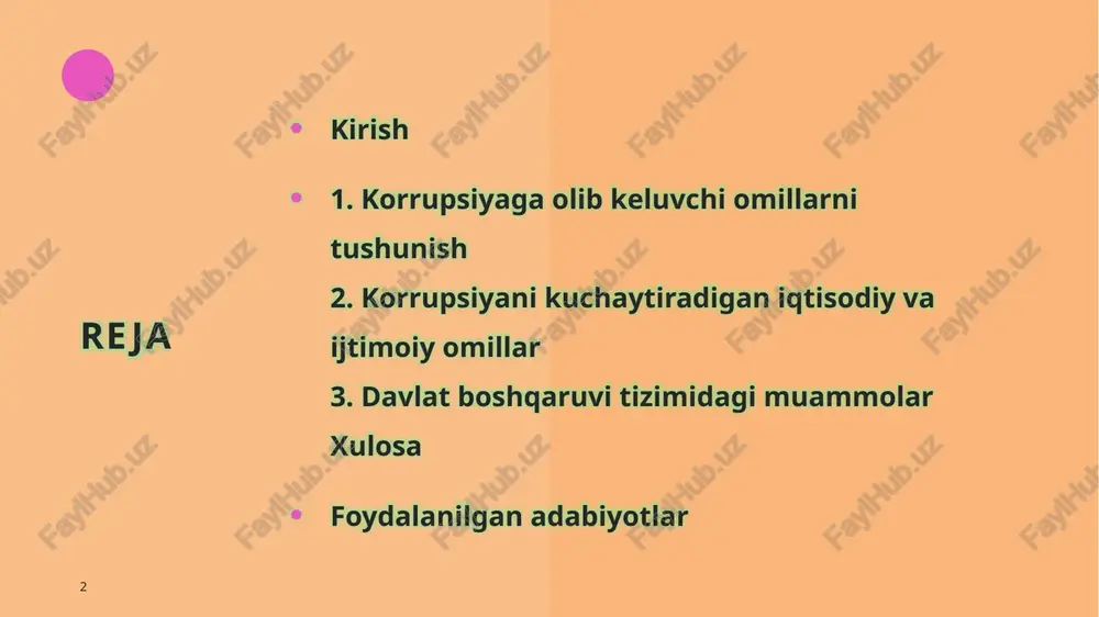 orrupsiyaga qarshi kurashish to‘g‘risida”gi qonun qabul qilingan bo‘lsa-da, ayrim sohalarda huquqiy bo‘shliqlar mavjud: masalan, raqamli savdo va kriptovalyutalar sohasida korrupsiyaga qarshi normalar yetarli emas, bu esa yangi shakllardagi korrupsiyaga yo‘l ochadi. huquqiy bo‘shliqlarning salbiy ta’siri shundaki, ular qonun buzilishini oqlashga imkon beradi korrupsiyani kuchaytiradigan iqtisodiy va ijtimoiy omillar korrupsiya jamiyatning chuqur ijtimoiy va iqtisodiy jarayonlariga bog'liq bo'lgan murakkab hodisa bo'lib, u nafaqat davlat boshqaruvining samaradorligini pasaytiradi, balki butun mamlakat rivojlanishiga jiddiy to'sqinlik qiladi. o'zbekiston kabi o'tish davridagi iqtisodiyotga ega bo'lgan mamlakatlarda korrupsiyaning kuchayishiga iqtisodiy barqarorlikning yetishmasligi, aholi o'rtasida huquqiy ongning pastligi va ijtimoiy tengsizlik kabi omillar asosiy rol o'ynaydi. ushbu omillar bir-biri bilan o'zaro bog'liq holda korrupsiyani nafaqat shaxsiy darajada, balki tizimli darajada ham kuchaytiradi. 8 korrupsiyani kuchaytiradigan iqtisodiy va ijtimoiy omillar 9 ijtimoiy tengsizlik va manfaatlar to'qnashuvi iqtisodiy barqarorlikning yetishmasligi aholi o'rtasida huquqiy ongning pastligi davlat boshqaruvi tizimidagi muammolar davlat boshqaruvi tizimi har qanday jamiyatning asosiy poydevori bo'lib, uning …