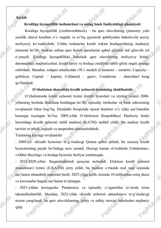 vaqt rejimida ma’lumot almashish imkonini berdi. 2023-yilga kelib, tizimda 10 milliondan ortiq shaxs va korxonalar haqida ma’lumot to‘plangan. - 2021-yildan hozirgacha: pandemiya va iqtisodiy o‘zgarishlar ta’sirida tizim takomillashtirildi. masalan, 2022-yilda «kredit axboroti almashinuvi to‘g‘risida»gi nizom yangilandi, bu qarz oluvchilarning ijobiy va salbiy tarixini baholashni majburiy qildi. natijada, muammoli kreditlar ulushi 2020-yildagi 8% dan 2024-yilda 4% ga tushdi.o‘zbekiston sharoitida tizimning o‘ziga xosligi – davlat nazorati kuchli bo‘lib, markaziy bank ma’lumotlarni yagona bazada saqlaydi. biroq, xalqaro standartlarga yaqinlashish uchun kredit scoring modellari (fico-ga o‘xshash) joriy etilmoqda. bo‘lim mazmuni kreditga layoqatlilik tushunchasi mijozning kreditni o‘z vaqtida qaytarish qobiliyatini baholash jarayoni tahlilning maqsadi bank riskini kamaytirish va kredit resurslari samaradorligini oshirish asosiy mezonlar to‘lovga qobiliyat, barqaror daromad, qarz yuklamasi, moliyaviy holat tahlil usullari daromad–xarajat tahlili, balans tahlili, pul oqimlari tahlili kredit riski kredit qaytmasligi ehtimoli va uning moliyaviy oqibatlari risklarni kamaytirish choralari garov, kafillik, sug‘urta va kredit tarixini tekshirish katm tizimi mazmuni kredit tarixini …