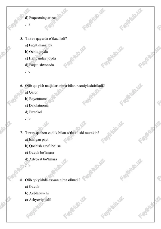 sobot j: a 8. olib qo‘yishda nimalar olinmaydi? a) ashyoviy dalillar b) hujjatlar c) shaxsiy kiyimlar d) jinoyat qurollari j: c 9. tintuv jarayonida qayd etiladigan asosiy holat. a) topilgan narsalar ro‘yxati b) ayblanuvchining fikri c) advokatning savoli d) guvohning familiyasi j: a 10. olib qo‘yish va tintuv o‘xshashligi. a) yorliq taqish b) dalil izlashga xizmat qilishi c) ayblanuvchini jazolash d) hujjat to‘ldirmaslik j: b