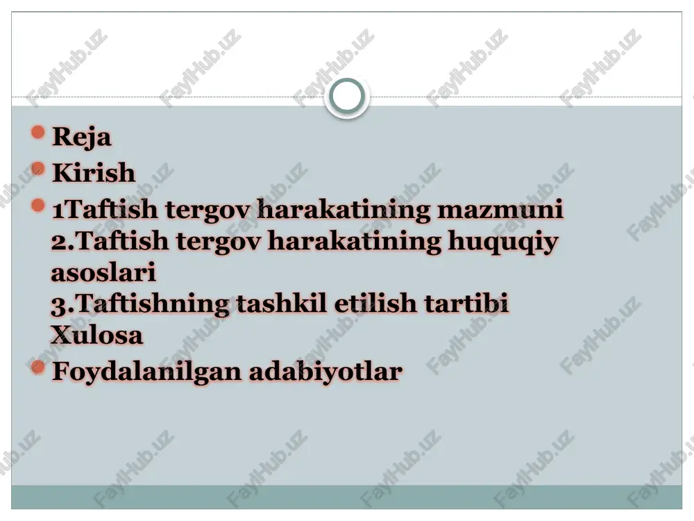 batafsil tartibga solingan bu jarayon tergovchining bevosita ishtirokida amalga oshiriladi va ko’pincha guvohlar, mutaxassislar hamda jabrlanuvchi yoki ayblanuvchining ishtirokini talab qiladi. taftishning asosiy maqsadi jinoyat izlarini saqlab qolish, ularni hujjatlashtirish va keyingi sud jarayonida dalil sifatida foydalanishdir. tergov jarayonidagi o’rni tergov jarayonidagi taftishning o’rni jinoyat ishini ochish va dalillarni to’plashning markaziy elementi sifatida namoyon bo’ladi. tergov boshlangan zahoti, dastlabki ma’lumotlar asosida taftish o’tkazish tergovning birinchi va eng muhim qadamlaridan biri hisoblanadi. u tergovning boshqa harakatlari – masalan, guvohlarni so’roq qilish, ekspertiza tayinlash yoki tintuv o’tkazish – uchun asosiy ma’lumotlar bazasini yaratadi. taftish tergov jarayonining dastlabki bosqichida jinoyatning ob’ektiv tomonini aniqlashga yordam beradi, chunki u joydagi izlar orqali voqeaning qanday sodir bo’lganligini tasvirlaydi. masalan, o’g’rilik jinoyatida taftish eshik yoki deraza buzilganligini, qoldirilgan izlarni aniqlasa, bu keyingi tergovda gumonlanuvchini aniqlashga yo’naltirilgan choralar uchun yo’l ochadi. maqsadi va qo’llanish holatlari taftishning maqsadi jinoyat izlarini, dalillarini va voqea bilan bog’liq boshqa ob’ektlarni aniqlash, saqlash …