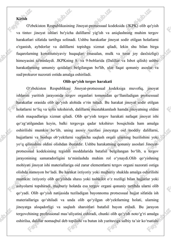 ki tashkilot oʻz roziligi bilan hujjatlar yoki ashyolarni topshiradi, majburiy holatda esa tergov organi qonuniy tartibda ularni olib qoʻyadi. olib qoʻyish natijasida tuziladigan bayonnoma protsessual hujjat sifatida ish materiallariga qoʻshiladi va unda olib qoʻyilgan obʻyektlarning holati, ularning jinoyatga aloqadorligi va saqlash sharoitlari batafsil bayon etiladi. bu jarayon tergovchining professional masʼuliyatini oshiradi, chunki olib qoʻyish notoʻgʻri amalga oshirilsa, dalillar nomaqbul deb topilishi va butun ish yurituviga salbiy taʼsir koʻrsatishi mumkin. masalan, olib qoʻyilgan ashyolar ekspertiza uchun yuborilganda, ularning zanjiri buzilmasligi (chain of custody) qatʼiy talab etiladi, bu xalqaro standartlarga ham mos keladi. olib qoʻyishning bunday tizimli yondashuvi jinoyat protsessining shaffofligini va adolatlilikni taʻminlaydi, chunki u nafaqat tergovni tezlashtiradi, balki gumon qilinuvchilarning huquqlarini himoya qilishga ham xizmat qiladi. shu bilan birga, olib qoʻyish tergov harakatining samaradorligi tergovchining tajribasi va qonuniy asoslarni toʻgʻri qoʻllashiga bogʻliq boʻlib, notoʻgʻri qoʻllanilganda sud instansiyalarida bekor qilinishi mumkin.olib qoʻyishning chuqurroq tahlili shuni koʻrsatadiki, bu harakat jinoyatning tabiatiga qarab …