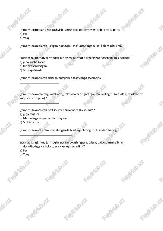 ________________________________ sizningcha, ijtimoiy tarmoqlar sizning o'qishingizga, oilangiz, do'stlaringiz bilan muloqotingizga va hokazolarga xalaqit beradimi? a) ha b) yo'q