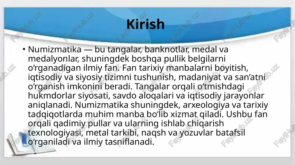 nalishda amalga oshiriladi. birinchidan, tangalar va pullarni ilmiy kataloglash va tasniflash. ikkinchidan, pullarning metal tarkibi, ishlab chiqarish texnologiyasi va naqshlarini o‘rganish. uchinchi, tarixiy davrlar bo‘yicha pul muomalasi va iqtisodiy tizimni aniqlash. to‘rtinchi, tangalar orqali madaniyat va siyosat tarixini o‘rganish. shuningdek, numizmatika arxeologiya, tarix va san’atshunoslik bilan hamkorlikda ishlaydi. vazifalar ilmiy asosda tangalarni saqlash, tadqiq qilish va yosh avlodga yetkazishni o‘z ichiga oladi. numizmatikaning tarixiy ahamiyati tangalarni ilmiy o‘rganish numizmatikaning eng muhim yo‘nalishlaridan biridir. bu jarayonda tangalarning zarb yili, hukmdorlar yoki davlat timsoli aniqlanadi. metal tarkibi, og‘irligi, diametri va naqshlari tadqiq qilinadi. shu orqali iqtisodiy tizim, savdo va moliya tarixi haqida ma’lumot olish mumkin. ilmiy o‘rganish arxeologiya va tarix bilan uzviy bog‘langan bo‘lib, tangalar orqali qadimgi davrlar iqtisodi, siyosati va madaniyati qayta tiklanadi. tangalar tarixiy manba sifatida ilmiy izlanishlar uchun muhim hisoblanadi. tangalarni ilmiy o‘rganish tangalar orqali tarixiy voqealar, hukmdorlar faoliyati va davlat siyosatini aniqlash mumkin. qaysi davlat qachon va qaysi …