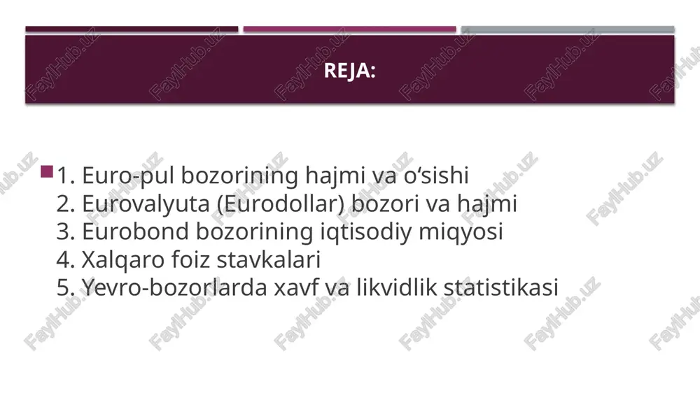 odollar — offshore-uslubdagi omonatlarga o‘rnashdi bu esa eurodollar bozorining ofshor va likvidlik jihatdan jozibadorligini oshirdi, lekin baribir raqib instrumentlarga qarshi kuchli raqobat mavjud. yevrobozorning umumiy hajmi (2025 yil sentyabr holati) - umumiy chiqarilgan yevroobligatsiyalar hajmi: €14 trillion (icsd maʼlumotlari boʻyicha, dunyodagi uchinchi yirik qarz bozori) - yillik yangi emissiya (2025 q1-q3): €2,95 trillion (ecb va afme hisobotlari) - oʻsish surʼati (2024–2025): +9 % (yangi sekuritlar soni boʻyicha, 350,000 dan 382,000 gacha) - jami sekuritlar soni: 350,000 dan ortiq faol yevroobligatsiya (icmsa hisoboti) - global qarz bozoridagi ulushi: 30 % (umumiy $100 trillion dan €14 trln) - non-yevro zonasi korporatsiyalari emissiyasi (2025 yil boshidan): €100 mlrd (oʻtgan 5 yil oʻrtachasidan 3 barobar koʻp, ecb) - davlat va korporativ qarzlar taqsimoti: 55 % davlat, 45 % korporativ (bis statistikasi) - yillik savdo hajmi: €1,2 kvadrillion (euroclear 2025 q3 natijalari) - investorlar bazasi: 130 mamlakatdan 12,000 emitent (icmsa, 2025) yevrobozorning yuzaga kelishi – …