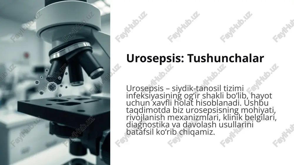 miya disfunksiyasining laboratoriya yoki klinik belgilari. 7 differensial tashxis: boshqa kasalliklardan farqi urosepsisni boshqa tizimli yallig'lanish holatlari va infeksiyalardan farqlash muhimdir: boshqa sepsis turlari: o'pka, teri, qorin bo'shlig'i infeksiyalari tufayli kelib chiqqan sepsis. pielonefrit: buyrakning yallig'lanishi, lekin tizimli javob sepsis darajasiga yetmagan. buyrak sanchig'i: o'tkir bel og'rig'i bilan kechadi, lekin odatda isitma va sepsis belgilari yo'q. to'g'ri tashxis qo'yish uchun bemorning to'liq tarixi, jismoniy ko'rik va barcha diagnostik testlar natijalarini hisobga olish zarur. 8 davolash tamoyillari: antibiotikoterapiya va qo'llab-quvvatlovchi choralar tezkor va kompleks davolash hayotiy ahamiyatga ega! 01 zudlik bilan antibiotikoterapiya keng spektrli antibiotiklar empirik tarzda, keyinchalik sezuvchanlikka qarab o'zgartiriladi. 02 infeksiya manbaini drenajlash obstruksiya yoki yiringli o'choqlarni bartaraf etish (masalan, nefrostomiya, stentlash). 03 qo'llab-quvvatlovchi terapiya intravenoz suyuqliklar, vazopressorlar (qon bosimini oshirish uchun), kislorod terapiyasi, zarur bo'lsa, sun'iy nafas olish. 04 organ disfunksiyasini boshqarish buyrak yetishmovchiligida dializ, o'tkir respirator distress sindromida o'pka ventilyatsiyasi. 9 asoratlar va prognoz asoratlar: sepsis shoki: …