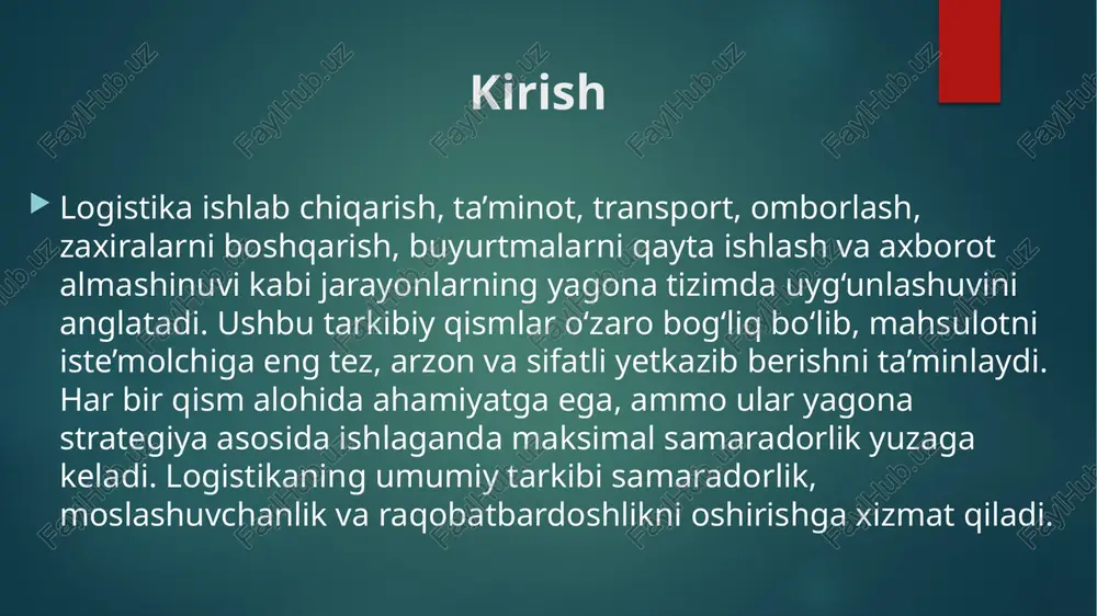 rtmalarni yig‘ish va yetkazib berish kabi jarayonlarni o‘z ichiga oladi. asosiy maqsad — mahsulotni to‘g‘ri mijozga, to‘g‘ri vaqtda, to‘g‘ri miqdorda yetkazish. taqsimot logistikasi brend obro‘siga, mijoz qoniqishiga va sotuv samaradorligiga bevosita ta’sir qiladi. transport logistikasi transport logistikasi tovarlarni bir joydan ikkinchi joyga samarali, xavfsiz va arzon tashishni tashkil qiladi. transport turi — avtomobil, temir yo‘l, dengiz yoki havo orqali tanlanadi. marshrutni optimallashtirish, yuklarni konsolidatsiya qilish, yuklash-tushirish jarayonlarini rejalashtirish transport logistikasining muhim vazifasidir. transport xarajatlari umumiy logistika xarajatlarining katta qismini tashkil qilgani uchun uning to‘g‘ri boshqarilishi juda muhimdir. ombor logistikasi ombor logistikasi tovarlarni saqlash, saralash, qadoqlash, joylashtirish va jo‘natishga tayyorlash jarayonlarini o‘z ichiga oladi. omborlar zaxiralarni tartibli saqlash orqali logistika zanjirining uzluksizligini ta’minlaydi. zamonaviy omborlar wms tizimlari, avtomatik saralash uskunalari, robot texnologiyalari va skanerlar bilan jihozlanmoqda. ombor boshqaruvi logistika samaradorligini oshirishda strategik ahamiyatga ega zaxiralarni boshqarish zaxiralarni boshqarish korxona ehtiyojlarini qondirish uchun zarur bo‘lgan minimal va optimal mahsulot miqdorini belgilashni o‘z …