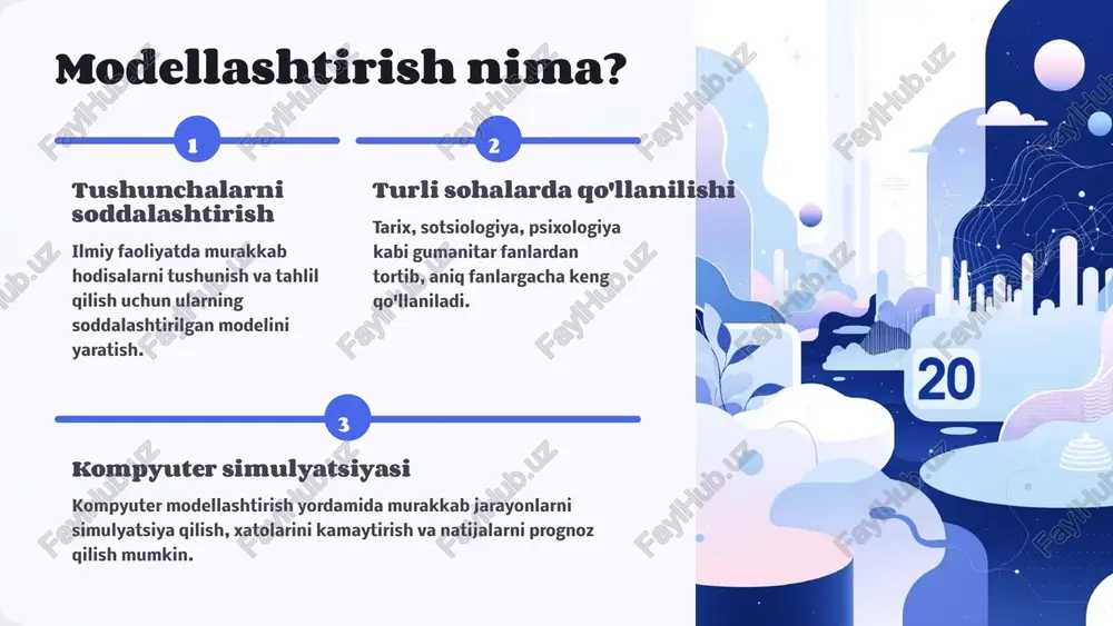 odatlarini tahlil qilish, ularning ehtiyojlariga mos keladigan shaxsiylashtirilgan takliflar yaratish. foydalanuvchi tajribasi onlayn savdo platformalarida foydalanuvchi tajribasini (ux) a/b testlar orqali yaxshilash, konversiya darajasini oshirish. logistika optimallashtirish inventarizatsiya va logistika jarayonlarini avtomatlashtirish, omborxona boshqaruvi va yetkazib berish samaradorligini oshirish. 6 autentifikatsiya va xavfsizlikda modellashtirish biometrik autentifikatsiya: barmoq izi, yuz tanish, ko'z qorachig'i skanerlash kabi biometrik ma'lumotlar asosida shaxsni aniqlash tizimlari orqali xavfsizlikni oshirish. kiberxavfsizlik: kompyuter tarmoqlarida tahdidlarni modellashtirish, potentsial hujumlarni aniqlash va ularni oldini olish strategiyalarini ishlab chiqish. firibgarlikni aniqlash: onlayn to'lovlarda firibgarlikni aniqlash uchun murakkab algoritmlardan foydalanish, moliyaviy operatsiyalarni himoya qilish. 7 zamonaviy modellashtirish dasturlari 3d modellashtirish: 3ds max, blender, sketchup kabi dasturlar yordamida realistik uch o'lchamli modellar yaratish. ilmiy va muhandislik: matlab va simulink ilmiy tadqiqotlar, muhandislik hisob-kitoblari va tizimlarni modellashtirish uchun keng qo'llaniladi. sun'iy intellekt: mashina o'rganish va chuqur o'rganish texnologiyalari yordamida yanada murakkab va aniq modellar yaratish, kashfiyotlar qilish. 8 modellashtirishning afzalliklari va kelajagi tushunishni osonlashtiradi …