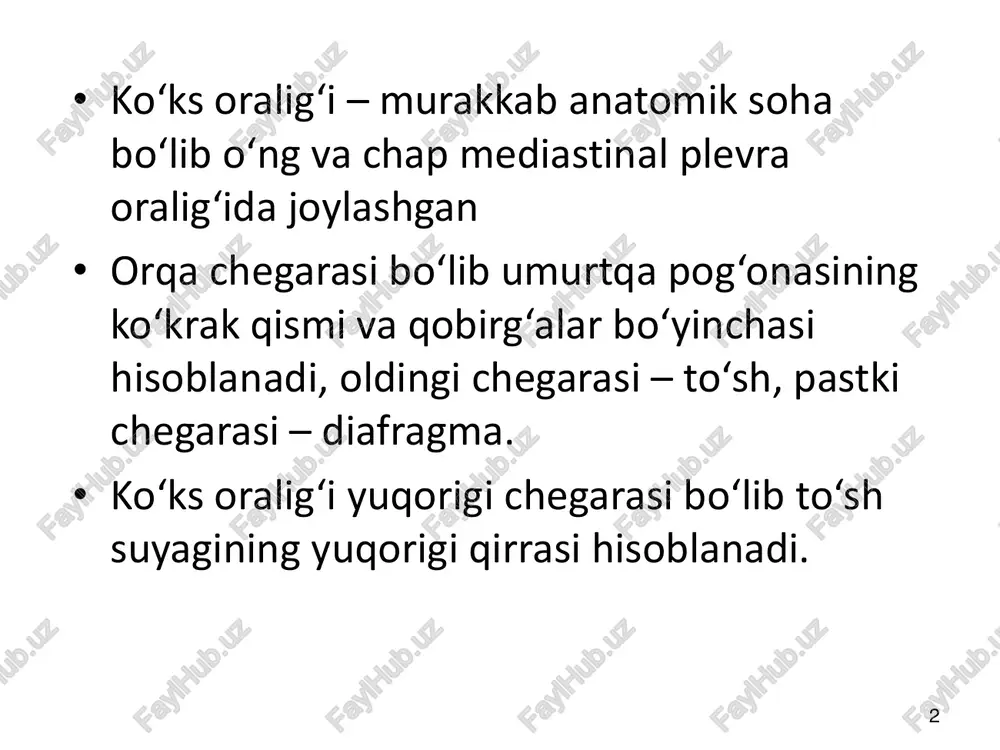 si karkas funksiyasini buzilishi natijasida sun’iy nafas olish ko‘llaniladi. jarrohlik amaliyotiga ko‘rsatmalar: hayotiy a’zolarni ezilishi va faoliyatini keskin buzilishi natijasida, qizilo‘ngach, traxeya, asosiy bronxlar, yirik qon tomirlar yorilishi natijasida hayot uchun havfli bo‘lgan qon ketishi • ochiq jarohatlar – jarrohlik amaliyoti tavsiya etiladi. amaliyot hajmi jarohat xarakteriga, jarohatni tozalik darajasiga, bemor umumiy ahvoliga bog‘liq 13 o‘tkir mediastinit sabablari • ko‘ks oralig‘i ochiq jarohatlarida • qizilo‘ngachni yod jism bilan jarohatlanishida • bronxoskopiya paytida yatrogeniya • qizilo‘ngachda bajarilgan jarrohlik amaliyotidan keyingi davrda choklar etishmovchiligi • bo‘yin chuqur flegmonalarini ko‘ks oralig‘i atrof to‘qimasiga o‘tishi 14 o‘tkir mediastinit klinikasi • yuqori tana harorati • hansirash • ko‘krak qafasi va bo‘yinda sanchuvchi og‘riqlar • qizilo‘ngach, traxeya yoki bronxlar perforatsiyasida pnevmomediastinum kelib chiqadi • yuqori leykotsitoz, soe oshishi • ko‘ks oralig‘i soyasini kengayishi 15 o‘tkir mediastinitni davolash • konservativ davolash – antibakterial, dezintoksikatsion, infuzion terapiya, parenteral va enteral ovqatlantirish • jarrohlik usulida davolash – kasallik keltirib …