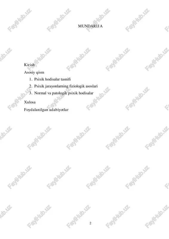 muhit, tarbiya, madaniyat va shaxsiy tajriba psixikaning rivojlanishida katta ahamiyatga ega. inson psixikasining shakllanishida ijtimoiy-madaniy muhitning ta’siri katta bo‘lib, har bir insonning individual xususiyatlari uning oilasi, ta’lim olgan joyi, hayotiy tajribasi va shaxsiy qarashlari orqali shakllanadi. psixik hodisalar hayotning turli jabhalarida muhim rol o‘ynaydi. ular insonning shaxsiy va kasbiy hayotida, ta’lim jarayonida, munosabatlarda va hissiy barqarorlikda asosiy o‘ringa ega. masalan, idrok insonga atrof-muhitni anglash va axborotni qayta ishlash imkonini bersa, xotira esa avvalgi tajribalarni eslab qolish va kelajakda ulardan foydalanishga xizmat qiladi. his- tuyg‘ular esa insonning ichki olamini ifodalab, turli vaziyatlarga moslashishiga yordam beradi. tafakkur orqali inson mantiqiy xulosa chiqaradi, muammolarni hal qiladi va qaror qabul qiladi. psixik hodisalar nafaqat normal rivojlanish 4 jarayonlarida, balki turli psixologik buzilishlar paytida ham namoyon bo‘lishi mumkin. stress, depressiya, tashvish kabi ruhiy holatlar psixik hodisalarning buzilishiga olib kelishi mumkin. shu sababli, insonning ruhiy salomatligini asrash va uni barqaror saqlash muhim ahamiyat kasb etadi. zamonaviy …