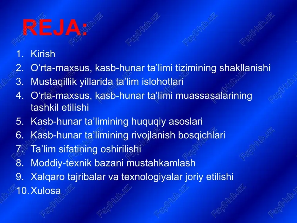 qonun ✔ 1997-yil – “kadrlar tayyorlash milliy dasturi” ✔ 2017-yil – prezidentning “kasb-hunar ta’limi tizimini takomillashtirish” qarori ✔ 2019-yil – “professional ta’lim tizimini rivojlantirish” qarori 📌 natijalar: 🔹 kasb-hunar kollejlari va texnikumlar tashkil etildi. 🔹 ta’lim mazmuni xalqaro standartlarga moslashtirildi. 🔹 yoshlarning kasb egallashi va bandligi ta’minlandi. mustaqillik yillarida ta’lim islohotlari 📌 1997-2017 yillarda: 🔹 1500+ kasb-hunar kollejlari va akademik litseylar tashkil etildi. 🔹 o‘quvchilar o‘z qiziqishi va bozor talabi asosida mutaxassislik tanladi. 📌 2017-yildan keyin: 🔹 akademik litseylar oliy ta’lim tizimiga o‘tkazildi. 🔹 kasb-hunar kollejlari texnikum va kasb-hunar markazlariga aylantirildi. o‘rta-maxsus, kasb-hunar ta’limi muassasalarining tashkil etilishi kasb-hunar ta’limining huquqiy asoslari “ta’lim to‘g‘risida”gi qonun (1997, 2020) o‘zbekiston respublikasi prezidentining pq-2789, pq-5812 qarorlari kasb-hunar ta’limi tizimini modernizatsiya qilish bo‘yicha davlat dasturlari huquqiy asoslarning ahamiyati: yoshlarning kasb-hunarga yo‘naltirilishini tartibga soladi. ish beruvchilar bilan hamkorlikni rivojlantirish imkonini beradi. ta’lim sifatini oshirishga xizmat qiladi. kasb-hunar ta’limining rivojlanish bosqichlari 📌 1997-2017 yillar: 🔹 kollej va …