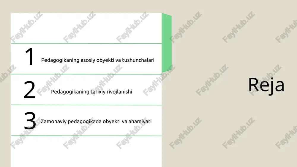 gogik jarayon o'quv dasturi, metodlar va texnologiyalar kabi bir nechta tarkibiy qismlardan iborat. bu elementlar o'zaro bog'liq bo'lib, pedagogik obyekti bilan bevosita aloqada. o'quv dasturi o'quvchilarning bilimini shakllantiradi, metodlar esa bu bilimlarni qanday etkazish kerakligini belgilaydi. texnologiyalar esa ta'lim jarayonida samaradorlikni oshirishga xizmat qiladi, bu elementlarning har biri pedagogik obyekti, ya'ni o'quvchi, o'qituvchi va o'qitish jarayonini yaxshilashga qaratilgan. pedagogik obyekti va psixologiya pedagogik obyekti va psixologiya o'rtasidagi bog'liqlik ta'lim jarayonini samarali tashkil etishda muhim ahamiyatga ega. pedagogik obyekti, ya'ni o'quv jarayoni, o'quvchilarning psixologik xususiyatlari bilan bevosita bog'liqdir. o'quvchilarning intellektual va emosional holati, ularning motivatsiyasi, o'rganish uslublari va ijtimoiy munosabatlari ta'lim jarayoniga ta'sir ko'rsatadi. o'quvchilarning psixologik xususiyatlari ta'lim jarayonida quyidagilarni o'z ichiga oladi: - motivatsiya: o'quvchilarni o'qishga undovchi asosiy omil. - o'rganish uslublari: har bir o'quvchining individual o'rganish usuli. - emosional holat: o'quv jarayonida hissiy tajribalar va ularning ta'siri. o'quvchilarning psixologik xususiyatlari ta'lim natijalarini belgilaydi va pedagogik strategiyalarni shakllantirishda asosiy rol …