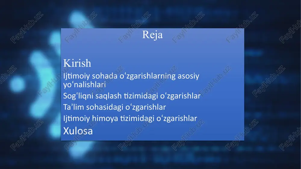ogiyalarni ta’lim jarayoniga kiritish orqali yosh avlodning zamonaviy bilimlarga ega bo‘lishini ta’minlash. barcha taʼlim bosqichlarida yangi o‘quv dasturlari va standartlarni joriy etish. ijtimoiy himoya: kam ta’minlangan va ehtiyojmand qatlamlar uchun ijtimoiy himoya dasturlarini kuchaytirish. nogironlar, pensionerlar va yordamga muhtoj fuqarolarni qo‘llab-quvvatlash dasturlarini kengaytirish. ijtimoiy xizmatlar sifatini yaxshilash va ularni yanada qulayroq qilish sogʻliqni saqlash tizimidagi oʻzgarishlar texnik va kadrlar bazasini mustahkamlash: yangi shifoxonalar va poliklinikalar qurilishi orqali aholini tibbiy xizmat bilan qamrab olishni kengaytirish. tibbiyot xodimlarini tayyorlash va malakasini oshirishga eʼtibor qaratish, ularni zamonaviy uskunalar bilan ishlashga o'rgatish. sog‘liqni saqlash infratuzilmasini rivojlantirish va chekka hududlarga sifatli tibbiy xizmatni yetkazish. raqamli tibbiyot joriy qilinishi: elektron sogʻliqni saqlash tizimi orqali shifokorlar va bemorlar o‘rtasida tezkor maʼlumot almashinuvi taʼminlanmoqda. masofaviy tashxis qo‘yish va telemeditsina xizmatlarini joriy etish, ayniqsa chekka hududlar uchun yangi imkoniyatlar yaratmoqda. bemorlarning tibbiy tarixini elektron shaklda saqlash va tahlil qilish orqali sog‘liqni saqlash samaradorligini oshirish. mahalliy dori-darmon ishlab chiqarish: oʻzbekiston …