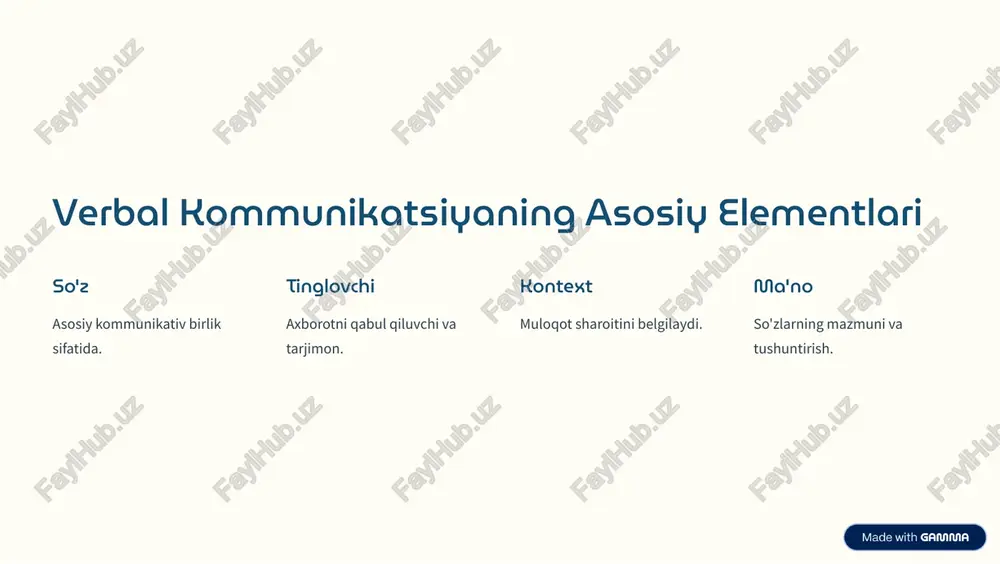 a muhit yaratadi. otirish pozitsiyasi qulaylik yoki noqulaylikni bildiradi. https://gamma.app/?utm_source=made-with-gamma madaniy farqlarni hisobga olish madaniyatlarni o8rganish farqli odatlar va urf-odatlarni tushunish. hurmat ko8rsatish madaniyatlararo muvozanat. moslashish suhbat uslubi va mazmunini o»zgartirish. https://gamma.app/?utm_source=made-with-gamma xulosa va amaliy tavsiyalar va foydalanilgan adabiyotlar faol tinglash muloqotni samarali qilish kalitidir. ishonchli muloqot muzokaralar va muammolarni hal qilishda muhim. madaniyatlarni hurmat qilish xalqaro muloqotni rivojlantiradi. qo»shimcha adabiyotlar va manbalar taqdim etildi. https://gamma.app/?utm_source=made-with-gamma