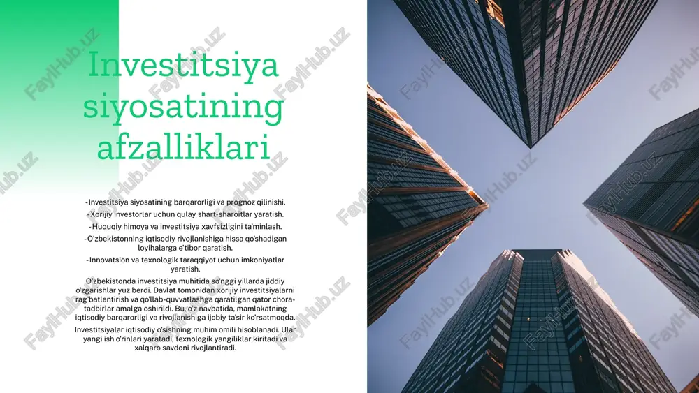 chun ish o'rinlari yaratishga ham xizmat qiladi. qo'shimcha imkoniyatlar - turizm va madaniyat sohasida investitsiyalar - ta'lim va ilm-fan sohalarida hamkorlik - innovatsion texnologiyalar va startaplar uchun imkoniyatlar investitsiya siyosatining asosiy elementlari tashk. tuz. moliyav. mex. himoya chor. investitsiya siyosatining asosiy elementlari tashkiliy tuzilma, moliyaviy mexanizmlar va himoya choralaridan iborat. bu elementlar xorijiy investorlar uchun ishonchli va qulay muhit yaratadi, shuningdek, ularning investitsiyalarini himoya qilishga yordam beradi. tashkiliy tuzilma investorlar uchun aniq va samarali boshqaruv tizimini ta'minlaydi. moliyaviy mexanizmlar esa investorlar uchun moliyaviy resurslarni osonlashtiradi va ularga kerakli mablag'larni jalb qilish imkoniyatini beradi. himoya choralariga qonuniy himoya, soliqqa tortish va boshqa rag'batlantiruvchi mexanizmlar kiradi. bu choralar investorlarni himoya qilib, ularning ishonchini oshiradi va investitsiya faoliyatini qo'llab-quvvatlaydi. ishonchli huquqiy himoya huquqiy himoya asoslari xorijiy investorlar uchun ishonchli huquqiy himoya muhim ahamiyatga ega. ular o'z investitsiyalarini himoya qilish, shuningdek, noaniq vaziyatlarda o'z manfaatlarini saqlab qolish imkoniyatiga ega bo'lishlari lozim. o'zbekistondagi huquqiy tizim …
