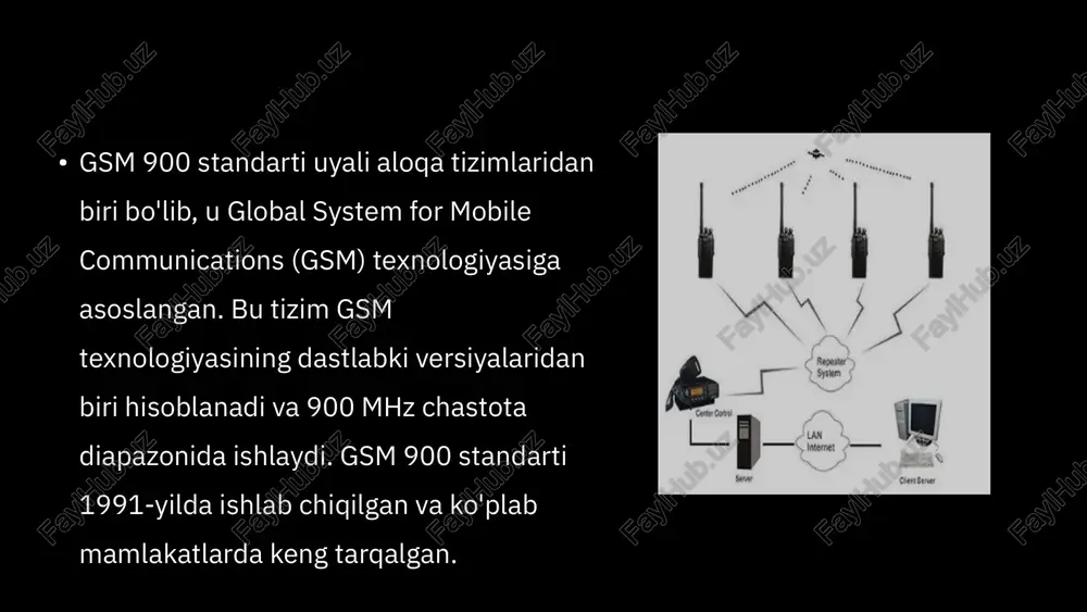 izmatlariga mos edi, lekin foydalanuvchilarning internetga ulanish talabi ortib borishi bilan yuqori tezlikka ehtiyoj paydo bo‘ldi. shu sababli, keyinchalik gsm 900 ga gprs (general packet radio service) va edge (enhanced data rates for gsm evolution) texnologiyalari qo‘shildi. gprs texnologiyasi paketli ma’lumotlarni uzatishni ta’minlab, tezlikni 40 kbps gacha oshirdi. edge esa yanada rivojlangan texnologiya bo‘lib, ma’lumot uzatish tezligini taxminan 384 kbps gacha yetkazdi, bu esa zamonaviy mobil internet xizmatlaridan foydalanishni ancha samarali qildi. bu yangilanishlar tufayli gsm 900 tizimi nafaqat ovozli va sms xizmatlarida, balki internet orqali ma’lumot uzatishda ham samarali bo‘lib qoldi. tarmoqning kapsama maydoni: tarmoqning kapsama maydoni: gsm 900 ning 900 mhz chastota diapazonida ishlashi signallarni uzoq masofalarga yetkazishga imkon beradi, bu esa keng qamrov hududini ta'minlaydi. 900 mhz chastota past bo‘lgani uchun, signal to‘siqlardan yaxshi o‘tadi va uzoq masofalarga yetib boradi. shu sababli, gsm 900 standartidagi tarmoq qishloq joylari va aholi zichligi past bo‘lgan hududlarda, shuningdek, keng hududlarni …