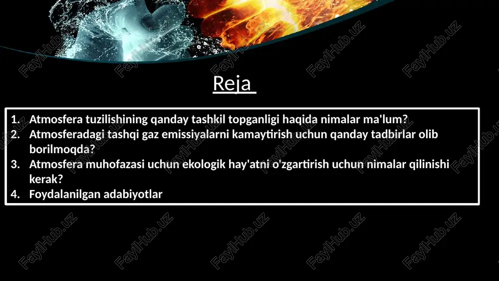 muhofazasi uchun ekologik hay'atni o'zgartirish uchun nimalar qilinishi kerak this presentation uses a free template provided by fppt.com www.free-power-point-templates.com ko'zi qarash va ekologik xavfsizlikni oshirish: atmosferaning muhofazasini oshirish uchun ekologik xavfsizlikni oshirish zarurdir. buning uchun tuproqning himoyalash, yashil zonalar, ozodliklarning himoyalash, ko'zi qarash, o'tkir ko'zgarishlarni nazorat qilish va ekologik hay'atni muhofaza qilishda xavf faktorlarini kuchaytirish katta ahamiyatga ega. ma'lumot tarqatish va ilmiy tadqiqotlar olib borish: ekologik muammolar va atmosferaning muhofazasi o'zgaruvchanliklarini tushuntirish va yengilamish uchun ilmiy tadqiqotlar va ma'lumotlar keng foydalanish juda muhimdir. bu, insonlarga qanday qilib atmosferani muhofaza qilish va o'zgaruvchanligini kamaytirish mumkinligini aniqlashga yordam beradi. atmosfera muhofazasi ekologik hay'atni o'zgartirish uchun jamiyat, korxonalar, va davlat tashkilotlari tomonidan qo'llanish talab etadi. bu amallar atmosferaning muhofazasini ta'minlash uchun katta o'rin tutadi va tabiatni muhofaza qilishga o'zgartirish kiritadi. this presentation uses a free template provided by fppt.com www.free-power-point-templates.com atmosferadagi tashqi gaz emissiyalarni kamaytirish uchun qanday tadbirlar olib borilmoqda atmosferadagi tashqi gaz …