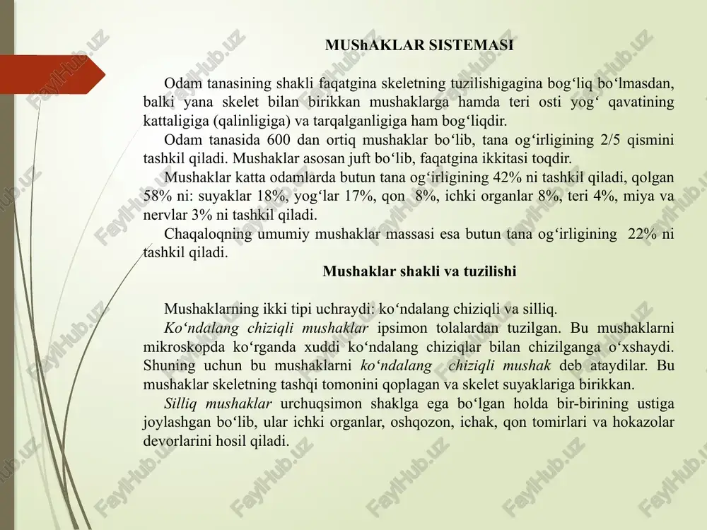 aydi. mushaklar paylar yordamida skelet suyaklariga, boʻgʻim xaltasiga yoki teriga birikadi. har bir mushak yoki mushaklar guruhi fassiya deb nom olgan ingichka biriktiruvchi toʻqimali qobiq bilan oʻralgan. fassiya mushaklarning bir-biri bilan ishqalanishini oldini oladi. mushaklar shakli har xil boʻlib, bir-biridan farq qiladi, bu esa mushaklarning joylashishiga va bajaradigan ishiga bogʻliqdir. mushaklarning asosiy shakli: uzun, qisqa (kalta), keng (yassi) va yumaloq. uzun mushaklar odatda qoʻl va oyoq suyaklarida joylashgan. qisqa (kalta) mushaklar umurtqalar, qovurgʻalar orasida, qoʻl va oyoq kaftlar qismining boʻgʻinlarida joylashgan. keng (yassi)mushaklar koʻproq gavdaning old va ort taraflarida joylashgan (qorin, koʻkrak va orqa mushaklari). yumaloq mushaklar odam yuzida ogʻiz va koʻz atrofida joylashgan. mushaklar skeletning tipli suyaklariga bogʻlangan boʻlib, murakkab harakatga egadir. shunga muvofiq ikki boshli, uch boshli, toʻrt boshli mushaklar boʻladi. ba'zi mushaklarda pay qismi ularning uchlarida emas, butun uzunligi boʻylab oʻrnashgan boʻladi, bunday mushaklar patsimon, bir patli, ikki patli deb ataladi. skelet mushak tolalari yoʻnalishiga qarab toʻgʻri, …