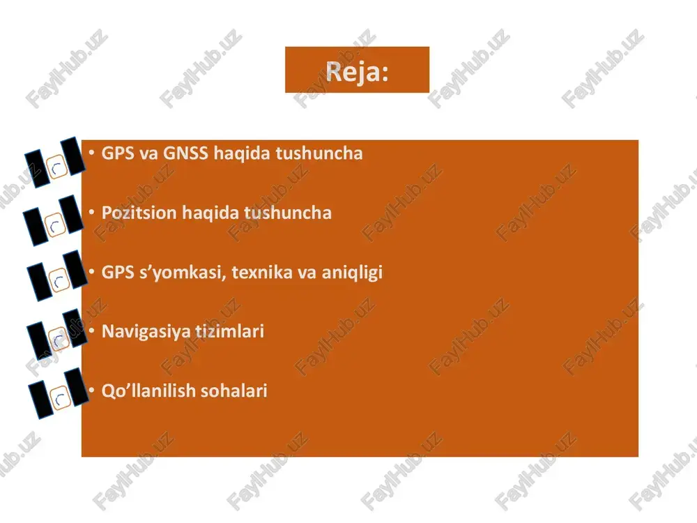 blok iif suniy yo’ldoshning 1- uchishi: v: 22 jul 1997/25 sentyabr 2005 jami=21/8 blok iii gps to’g’risida ma’lumot • umumiy harajatlari ~$12 milliard • yillik harajatlari ~$400 million • 3 segment: • fazoviy: sputniklar • foydalanuvchi: qabul qiluvchilar • kontrol: monitor & kontrol stansiyalari • kordinata tizimi: wgs-84 • tashkillashtiruvchi: aqsh samoviy izlanishlar kuchlari ( us air force space command (afsc) kontrol segmenti fazoviy segment navstar : navigasiya 24 sputniklar (30) foydalanuvchi segmenti gps tizim tarkibi fazo segmenti • 24 suniy yoldosh • 4 sputnik har 6 orbitada (55 grad) • 20-200 km yer sathidan • 12 soatli orbitalar • 7.5 yil muddatli • har xil sinflari – block 1, 2, 2a, 2r & 2 f ekvator 55 kontrol segmenti asosiy boshqaruv nuqtasi monitor kuzatuv joyi yerdagi antenna kolorado tekisligi gavaya ascension islands diego garcia kwajalein kuzatuv va boshqaruv gps segmenti monitor kuzanut yerdagi antennas afscn bosh kuzatuv binosi fazo …