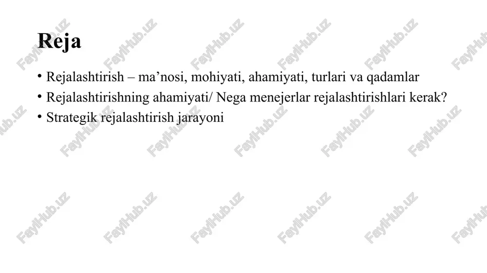 zaif tomonlari haqida so'raydi va ularga erishish uchun kerakli yo'llar va vositalar haqida qaror qabul qilishni o'z ichiga oladi. biroq, qaror qabul qilish va rejalashtirish o'rtasida farqlar mavjud. qarorlarni rejalashtirmasdan qabul qilish mumkin, ammo qaror qabul qilmasdan rejalashtirish mumkin emas. rejalashtirishning asosiy mohiyatini uning to'rtta asosiy yo'nalishini o'rganish orqali tushunish mumkin. (1) maqsad va vazifalarga qo'shgan hissasi, (2) menejerning vazifalari orasida ustuvorligi, (3) keng tarqalganligi va (4) natijaviy rejalarning samaradorligi. rejalar maqsad yoki vazifalarga erishish uchun tuzilganligi sababli, har bir reja va uning barcha yordami tashkilotning maqsad va vazifalariga erishishga hissa qo'shishi kerak. uyushtirilgan korxona irodali va maqsadli hamkorlik orqali guruh maqsadlariga erishish uchun mavjud. rejalashtirishning asosiy boshqaruv funktsiyasi ekanligi shundan dalolat beradiki, tashkil etish, xodimlar bilan ta'minlash, rahbarlik va nazorat qilish kabi boshqa barcha funktsiyalar korxona maqsadlariga erishishni qo'llab-quvvatlash uchun mo'ljallangan. shuning uchun mantiqiy rejalashtirish boshqa barcha boshqaruv funktsiyalarini bajarishdan oldin birinchi o'rinda turadi, chunki u barcha guruh harakatlari …