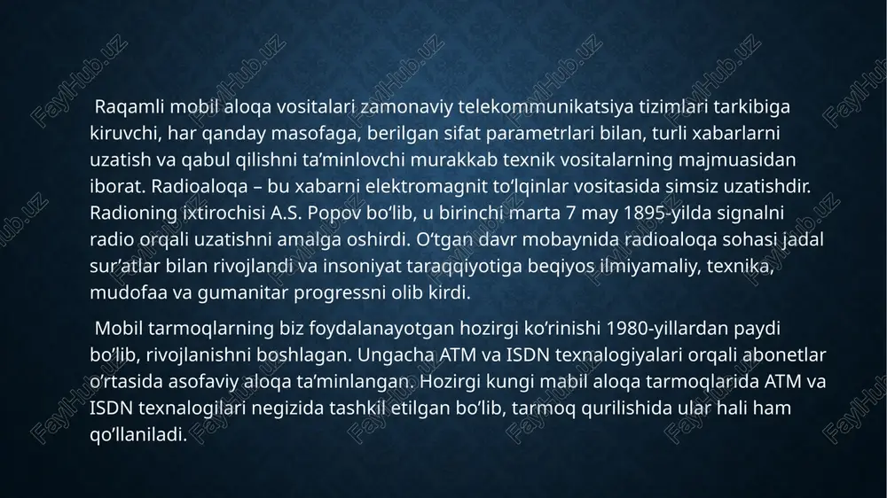 ini subkannellar o’rtasida qayta taqsimlashning mumkin emasligidir. subkanalda foydalanuvchi ma’lumotlari uzatilmaydigan vaqt oralig’ida, jamlangan kanal hali ham nollarga to’ldirilgan ushbu kanalning baytlarini uzatadi. isdn texnologiyasi -ushbu nom 1981 yilda xi ccitt tomonidan taklif qilingan. isdn-ning asosiy maqsadi - ma’lumotni abonentning simli liniyasi orqali 64 kbit / s gacha tezlikda uzatish va o’rnatilgan telekommunikatsiya xizmatlarini (telefon, faks va boshqalar) taqdim etish. buning uchun telefon simlaridan foydalanish ikkita afzalliklarga ega: ular allaqachon mavjud va terminal jihozlarini elektr bilan ta’minlash uchun ishlatilishi mumkin. 64 kbit / s standartini tanlash quyidagi mulohazalar bilan belgilanadi. 4 khz chastota diapazoni bilan kotelnikov teoremasiga binoan, namuna olish chastotasi kamida 8 khz bo’lishi kerak. bu tehnalogiyaning dastlabki ko’rinishi foydalanuvchilarga sifatli aloqani ta’minlab bergan. isdn tarmog’i quyidagi tarkibiy qismlardan iborat: • tarmoq terminali qurilmalari (nt, ingliz tarmoq terminali qurilmalari) • chiziqli terminal qurilmalari (lt, eng. line terminal uskunalari) • terminal adapterlari (ta, eng. terminal adapterlari) • abonent terminallari abonent …