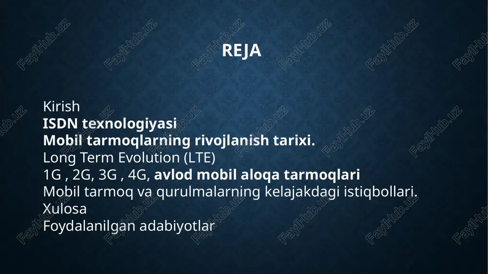 ib, u sinxron kommutatsiya texnikasiga ulangan kadrdagi baytlarning tartib raqamiga asoslangan edi. sinxron uzatish rejimi (stm) texnologiyasi deb ham ataladigan tdm texnologiyasining asosiy kamchiliklari kanallarning umumiy tarmoqli kengligini subkannellar o’rtasida qayta taqsimlashning mumkin emasligidir. subkanalda foydalanuvchi ma’lumotlari uzatilmaydigan vaqt oralig’ida, jamlangan kanal hali ham nollarga to’ldirilgan ushbu kanalning baytlarini uzatadi. isdn texnologiyasi -ushbu nom 1981 yilda xi ccitt tomonidan taklif qilingan. isdn-ning asosiy maqsadi - ma’lumotni abonentning simli liniyasi orqali 64 kbit / s gacha tezlikda uzatish va o’rnatilgan telekommunikatsiya xizmatlarini (telefon, faks va boshqalar) taqdim etish. buning uchun telefon simlaridan foydalanish ikkita afzalliklarga ega: ular allaqachon mavjud va terminal jihozlarini elektr bilan ta’minlash uchun ishlatilishi mumkin. 64 kbit / s standartini tanlash quyidagi mulohazalar bilan belgilanadi. 4 khz chastota diapazoni bilan kotelnikov teoremasiga binoan, namuna olish chastotasi kamida 8 khz bo’lishi kerak. bu tehnalogiyaning dastlabki ko’rinishi foydalanuvchilarga sifatli aloqani ta’minlab bergan. isdn tarmog’i quyidagi tarkibiy qismlardan iborat: • tarmoq …