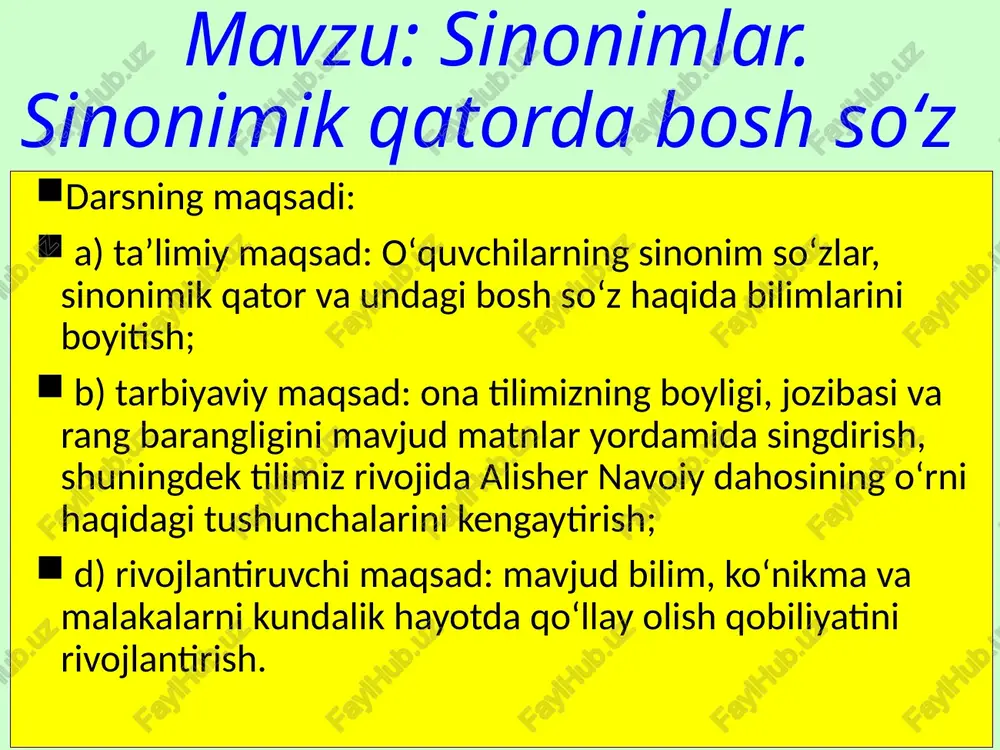 hiriq. lidiya batning "hayot boʻstoni" asaridan olingan parchani oʻqing. undagi gʻoya haqida fikrlashing. ajratib koʻrsatilgan soʻzlarning ma'nodoshini toping. bu topshiriq "uch qarsak" oʻyini orqali bajariladi. har bir soʻzga uchtadan koʻp ma'nodosh topa olgan oʻquvchiga "uch qarsak" chalamiz.👏👏👏 262-mashq. bu mashq "plus va minus" oʻyini orqali bajariladi. bunda qavs ichidagi soʻzlardan toʻgʻrisiga "plus", ortiqchasiga "minus" ishorasini qoʻyish kerak boʻladi. "plus va minus" boyligi ganjinasi xazinasi tilla oltin zar baholash. oʻquvchilar darsdagi faoliyatiga qarab baholanadi. baholar oʻqituvchi tomonidan izohlanadi. uyga vazifa. rasm asosida "millatning quyoshi -navoiy bobom" mavzusida matn tuzing. gaplarda maʼnodosh soʻzlardan foydalaning. gm "millatning quyoshi -navoiy bobom " image1.jpeg image2.jpeg image3.jpeg image4.jpeg image5.jpeg image6.jpeg image7.jpeg image8.jpeg image9.jpeg image10.jpeg image11.jpeg image12.jpeg image13.jpeg image14.jpeg