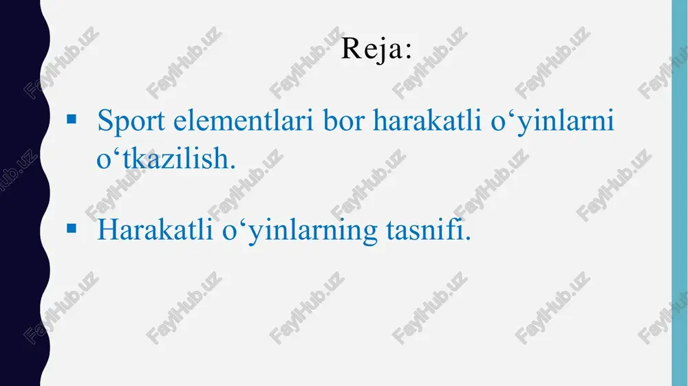 ni talab qiladi, ular shuningdek, sport turi bo‘lib hisoblanadi. shuning uchun qachonki musobaqa (masalan o‘smirlar uchun) soddalashtirilgan qoida bo‘yicha o‘tkazilganda ham o‘shanda tayyorgarlik ko‘rgan o‘yinchilarga musobaqada ishtirok etishlari mumkin bo‘ladi. sport o‘yini oldida harakatli o‘yinning ma’lum ustunligi tushuniladi, chunki ular maxsus tayyorgarlik va qoidaga qat’iy vaqt belgilanganlik va xaddan tashqari texnika va mexanika bilan bog‘liq bo‘lmasligi zarur. harakatli o‘yinlarni tanlab olish harakatli o‘yinlarni tanlab olishda, eng avvalo instruktor kitob va qo‘llanmalarda berilgan o‘yinlarning jismoniy va psixologik ta’siri jihatlarini bilishi kerak. yana shuni unutmaslik kerakki, o‘yin vazifasi qo‘yilganda faqat harakatlarga mos bo‘lishi shart emas, balki harakatli o‘yinlar yordamida bolalar ruhiyatida bir-biriga yordamlashish, qo‘llab-quvvatlash xislatlarini tarbiyalash lozim. buning uchun qala ximoyasi, pir etdi, ikki yaxob, mushuk keldi, to‘pni ol va boshqa sport elementlari bor o‘yinlardan foydalansa bo‘ladi. kichik maktabgacha ta’lim tashkiloti yoshidagi bolalarga harakatli o‘yinni qisqa va aniq qilib tushuntirish kerak, chunki instruktor tomonidan barcha bayon qilingan harakatlarni tezda xuddi o‘ziday qilib …