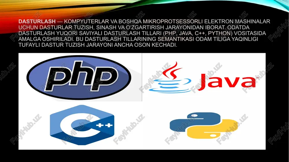 tanlovchi (shartli) operator va takroriy hisobni amalga oshiruvchi sikl operatorlariga boʻlinadi. tavsifda oʻzgaruvchan kattalik va boshqa belgilar xususiyatlari yoziladi. biror xususiy masalani yechish uchun tuzilgan programmani simvolik ravishda funksional belgilash mumkin. bunday belgilash va tavsif birgalikda kichik programma deb yuritiladi. yangi programmalar tuzishda kichik programmalardan tayyor holda foydalanish mumkin. juda koʻp dasturlash tillari (algol-60, q. algol), muhandislik va ilmiy masalalarni yechish uchun fortran, iqtisodiy hisoblashlar uchun kobol, matematik modellar uchun si mula, tako-millashgan algol-68, pl/i yaratildi. ularning har biri uchun shu tillarda ifodalangan masalalarga qarab mashina programmasini avtomatik tarzda qaytatuzuvchi translyatorlar mavjud. taxminiy mashina tili ikkilik sistemadan koʻra yanada qulayroq simvollarda ifodalangan mashina komandalari terminlaridagi programmalar boʻlib, bunda koʻpincha, yuqori darajadagi til sifatida blok sxemalardan foydalaniladi. dasturlash murakkab jarayon bo’lib, dasturning hajmi va murakkabligiga diqqat bilan e’tibor berishni talab qiladi. yaxshi boshqarilmagan dastur, hatto uni yaratgan shaxsni ham tezda hayratda qoldirishi mumkin. dasturlashning asosiy muammosi dasturning o’sishi ustidan nazoratni saqlab …