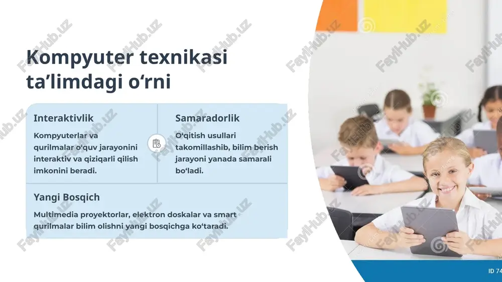lemelson mukofoti va tyuring mukofotini olgan. tarmoq qurilmalari va ularning ta’limdagi roli internetga ulanish modemlar va routerlar o‘quvchilarga onlayn resurslarga, ma'lumotlar bazalariga va elektron kutubxonalarga kirish imkonini beradi. ma’lumot almashish tarmoq qurilmalari sinf ichida va maktablar o'rtasida ma’lumot almashishni sezilarli darajada tezlashtiradi. masofaviy ta’lim bu qurilmalar onlayn darslarni, vebinarlarni va masofaviy ta’lim platformalarini muvaffaqiyatli qo‘llab-quvvatlash uchun zarurdir. zamonaviy o‘quv texnik vositalarining ta’limga ta’siri texnologiyalar o'qitish va o'rganish usullarini tubdan o'zgartirdi. jonli darslar interaktiv doskalar va proyektorlar yordamida darslar jonlantiriladi, bu esa tushunishni oshiradi. mustaqil o‘zlashtirish smartfon va planshetlar kabi smart qurilmalar o‘quvchilarga o‘zlashtirishni mustaqil va shaxsiy tezlikda amalga oshirishga imkon beradi. qiziqishni oshirish vizual va interaktiv elementlar o‘quvchilarning mavzuga bo‘lgan qiziqishini sezilarli darajada oshiradi. texnik xizmat ko‘rsatish va xavfsizlik muntazam xizmat ko‘rsatish dasturiy ta'minotni doimiy yangilab borish. uskunalarni chang va ifloslanishdan tozalash. kabel ulanishlari va quvvat manbalarini nazorat qilish. qurilmalarning uzoq va samarali ishlashini ta'minlash. kiberxavfsizlik choralarini ko‘rish kuchli parollar …