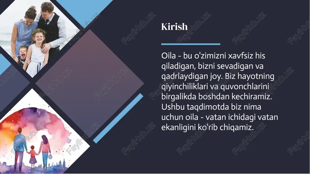 -quvvatlaydi. ota-onalar va yaqinlarimiz qiyinchiliklarni yengish va turli muammolarga yechim topishga yordam beradilar. ular har doim bizni tinglashga va qo'llab-quvvatlashga tayyor. salomatliksalomatlik oila bizning salomatligimiz va farovonligimizda muhim rol o'ynaydi. ota-onalar bizni sog'lom oziq-ovqat bilan ta'minlaydi, gigiena va sog'lig'imizga g'amxo'rlik qiladi. shuningdek, ular jismoniy va intellektual rivojlanishimizga yordam beradi. oila bizning salomatligimiz va farovonligimizda muhim rol o'ynaydi. ota-onalar bizni sog'lom oziq-ovqat bilan ta'minlaydi, gigiena va sog'lig'imizga g'amxo'rlik qiladi. shuningdek, ular jismoniy va intellektual rivojlanishimizga yordam beradi. ma'naviyat va dinma'naviyat va din oila ma’naviyat va diniy makondir. ota-onalarimiz bizga ibodat qilishni, xudoga ishonishni va diniy qonun qoidalarga rioya qilishni o'rgatadi. bu bizga ma'naviy hayotni rivojlantirishga va hayotning ma'nosini topishga yordam beradi. oila ma’naviyat va diniy makondir. ota-onalarimiz bizga ibodat qilishni, xudoga ishonishni va diniy qonun qoidalarga rioya qilishni o'rgatadi. bu bizga ma'naviy hayotni rivojlantirishga va hayotning ma'nosini topishga yordam beradi. o'yin-kulgi va dam olisho'yin-kulgi va dam olish oila, shuningdek, o'yin-kulgi va …