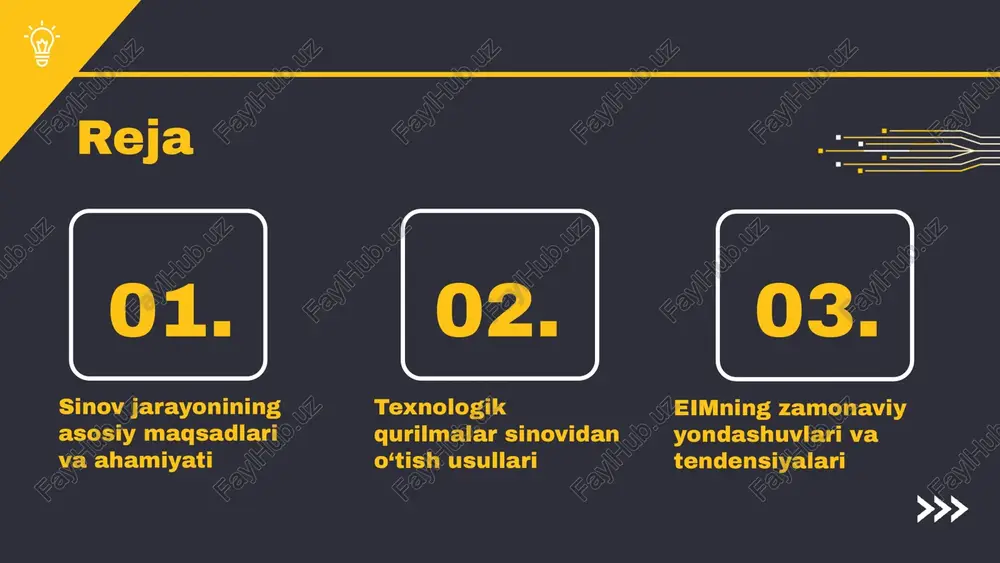 ilaydi, amalga oshirish natijalari esa tasdiqlash bosqichida muhim ahamiyatga ega. bu jarayonlarning uzviyligi sinov jarayonining muvaffaqiyatli bo‘lishini ta'minlaydi. sinov jarayonida texnologiyalarning roli 1. texnologiyalar sinov jarayonida muhim rol o'ynaydi. 2. zamonaviy texnologiyalar, masalan, avtomatlashtirilgan test tizimlari, sinovlarni tez va aniq o'tkazishga yordam beradi. 3. natijalar aniq va ishonchli bo'lib, sinov jarayonining samaradorligini oshiradi. 4. texnologik yechimlar sinovlarni rejalashtirish va nazorat qilishda ham qo'l keladi, bu esa ishlab chiqarish jarayonlarini yaxshilaydi. photo by getty images on unsplash sinov jarayonining natijalari sinov jarayonidan olingan natijalar muhim ko'rsatkichlarni o'z ichiga oladi. ular natijalarni tahlil qilish va baholash jarayonida qo'llaniladi. natijalarni tahlil qilish, texnologik jarayonlardagi xatoliklarni aniqlash imkonini beradi va kelajakdagi takliflarni shakllantirishda asos bo'lib xizmat qiladi. amaliyotga ta'siri esa texnologiyalarning samaradorligini oshirishga yordam beradi. umuman olganda, sinov natijalari kelgusidagi rejalashtirish va qaror qabul qilishda muhim rol o'ynaydi. photo by josh olalde on unsplash kelajakda sinov jarayonini rivojlantirish • sinov jarayonini rivojlantirish istiqbollari ilmiy …