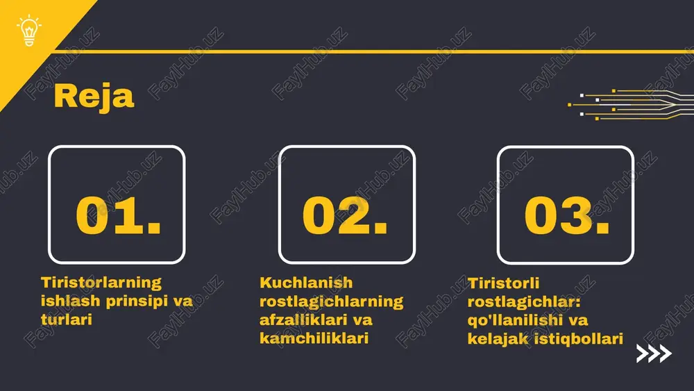 qaratilgan. bular tiristorli kuchlanish rostlagichlarida muhim jarayonlardir. ijro etish imkoniyatlari esa turli usullarda amalga oshirilishi mumkin, masalan, kuchlanishni nazorat qilish orqali. tiristorlarning ishga tushirish jarayoni, ichki kuchlanish va oqimni nazorat qilish orqali amalga oshiriladi. bu jarayonda tiristorni ishga tushirish uchun oldindan belgilangan kuchlanish darajasiga yetkazish kerak. tiristor ishga tushgach, u o'zining o'tkazuvchanlik holatini o'zgartiradi va yukni boshqaradi. tiristorlarning ishlash jarayoni zamonaviy tiristorlarning qo'llanilishi tiristorlar zamonaviy elektron qurilmalarda muhim rol o'ynaydi. ular energiyani boshqarish tizimlarida keng qo'llaniladi, masalan, elektr energiyasini taqsimlashda va nazorat qilishda foydali. avtomatizatsiya va boshqaruv tizimlarida tiristorlar yuqori kuchlanish va oqim nazoratini ta'minlaydi, bu esa ko'plab sanoat jarayonlarini avtomatizatsiya qilishni imkonini beradi. photo by charles devaux on unsplash tiristorlarning afzalliklari zamonaviy tiristorlar yuqori kuchlanishda samarali ishlash qobiliyatiga ega. bu ularni ko'plab sanoat sohalarida qo'llanilishiga imkon beradi. ularning tez va aniq boshqarish imkoniyatlari energiya sarfini kamaytirishga yordam beradi. bundan tashqari, tiristorlar energiya samaradorligini oshiradi va ishonchlilikni ta'minlaydi. ularning uzoq …
