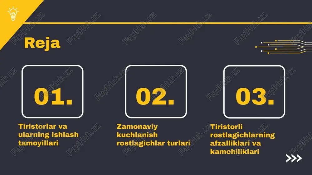 lardir. ularning ishlash tamoyili, tiristorlarning o'zgaruvchan kuchlanishni nazorat qilish qobiliyatiga asoslanadi. afzalliklari: yuqori samaradorlik, kichik o'lcham va ishonchlilik. kamchiliklari esa: nazorat qilish qiyinligi va haroratga sezuvchanlikdir. qo'llaniladigan sohalar: elektr energiyasi taqsimoti, sanoat mashinalari va avtomatlashtirilgan tizimlar. misol sifatida, energiya tejash uchun ko'plab uy jihozlarida qo'llaniladi. photo by getty images on unsplash kuchlanish rostlagichlarining arxitekturasi zamonaviy tiristorli kuchlanish rostlagichlari o'z ichiga bir nechta asosiy komponentlarni oladi, jumladan boshqarish tizimlari, sensorlar va ijro etish tizimlari. boshqarish tizimlari kuchlanish rostlagichining ishlashini nazorat qiladi, bu esa tiristorning samarali ishini ta'minlaydi. bu tizimlar dasturiy ta'minot va apparat komponentlaridan tashkil topadi. sensorlar kuchlanish va oqim darajalarini o'lchaydi, bu esa boshqarish tizimlariga ma'lumotlarni taqdim etadi va rostlagichning dinamikasini boshqarishda muhim rol o'ynaydi. ijro etish tizimlari kuchlanishni boshqarish va tiristorlarning ishini ta'minlash uchun zarur bo'lgan energiya ta'minotini taqdim etadi. tiristorlardan foydalanish tajribalari zamonaviy tiristorlarning xususiyatlari va ularning turli sohalardagi qo'llanilishi, energiya samaradorligini oshirish va energiya iste'molini kamaytirish maqsadida …