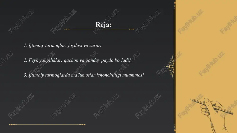 moqlarda ma'lumotlar ishonchliligi muammosi ushbu platformalarning ommaviyligidan kelib chiqadi. 2021 yilda dunyo bo'ylab ijtimoiy tarmoq foydalanuvchilarining soni 4.2 milliarddan oshgan, bu esa noto'g'ri yoki yolg'on ma'lumotlarning tez tarqalishiga olib kelmoqda. pew research markazi ma'lumotlariga ko'ra, 64% voyaga yetgan amerikaliklar ijtimoiy tarmoqlardan yangiliklarni oladi, ammo ulardan atigi 29% yangiliklar ishonchliligiga ishonch bildirgan. facebook va twitter kabi platformalarda yolg'on ma'lumotlar haqiqiy ma'lumotlarga qaraganda 70% tezroq tarqaladi. shu sababli, foydalanuvchilar uchun ma'lumotlarning ishonchli manbalardan kelib chiqishini tekshirish muhimdir. ko'plab platformalar faktlarni tekshirish tashabbuslarini qo'llaydi, ammo samaradorlik hali ham muammoli bo'lib qolmoqda. ... t.me/slaydai_bot 4. nohaq ma'lumotlar va ularning tarqalishi ijtimoiy tarmoqlarda 4. nohaq ma'lumotlar ijtimoiy tarmoqlarda keng tarqalgan hodisadir. statistikaga ko'ra, 2021-yilda soxta yoki noto‘g‘ri yangiliklarning 70% dan ortig‘i ijtimoiy media platformalarda tarqalgan. ushbu ma'lumotlarning virallik xususiyati tufayli ularni aniqlash va tuzatish qiyinlashadi. global miqyosda, har kuni kamida 6 million noto‘g‘ri ma’lumot post va yangiliklar sifatida ulashilgan. ijtimoiy tarmoqlarning foydalanuvchilari orasida noto‘g‘ri ma’lumotlarga …
