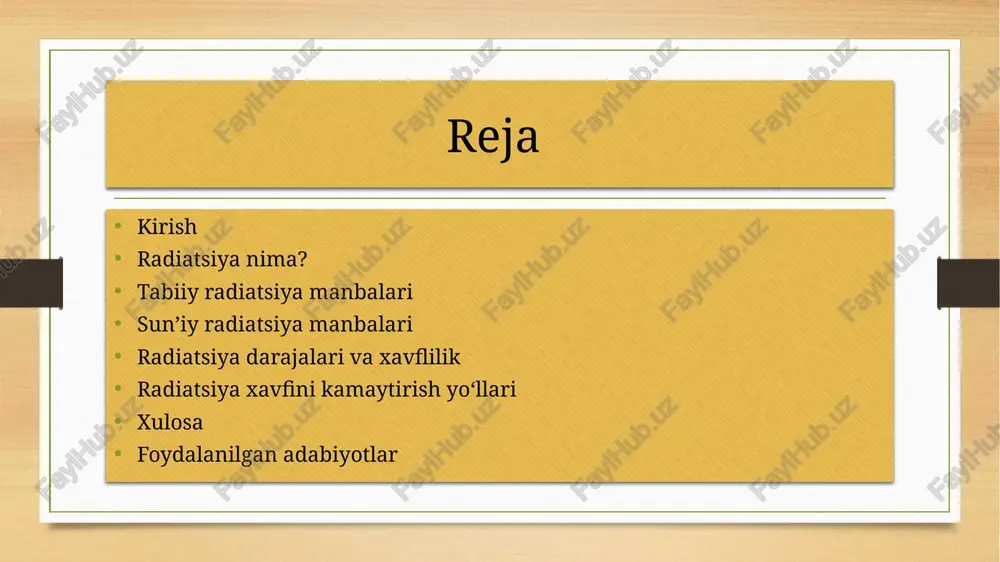 miqdori, turi va ta’sir muddatiga qarab har xil bo‘ladi. radiatsiya turlari radiatsiya quyidagi turlarga bo‘linadi: alfa-zarralar (α): og‘ir zarralar, havoda uzoq tarqalmaydi, lekin tirik to‘qimalarga tushsa zararli. beta-zarralar (β): engil zarralar, teridan o‘tishi mumkin, ichki a’zolarga ta’sir qiladi. gamma-nurlar (γ): kuchli elektromagnit to‘lqinlar, to‘siqlardan o‘tadi, eng xavfli. rentgen nurlari: tibbiyotda ishlatiladi, ortiqcha dozada salbiy ta’sir qiladi. neutronli radiatsiya: yadroviy reaktor va portlashda paydo bo‘ladi, kuchli ta’sir kuchiga ega. tabiiy radiatsiya manbalari tabiatda mavjud bo‘lgan radiatsiya manbalari quyidagilar: kosmik nurlar: quyosh va boshqa yulduzlardan tarqaladigan zarralar. yer po‘stlog‘i: uran, toriy, radon kabi radioaktiv elementlar mavjud. atmosfera: radioaktiv gazlar, chang va yog‘ingarchilik orqali tarqaladi. oziq-ovqat va suv: ba’zi mahsulotlar tabiiy radioaktiv izotoplarni o‘z ichiga oladi. inson tanasi: kaliy-40 va boshqa tabiiy izotoplar mavjud. sun’iy radiatsiya manbalari sun’iy radiatsiya manbalari quyidagilardan iborat: yadroviy elektr stansiyalari: elektr energiyasini ishlab chiqarish jarayonida radiatsiya hosil bo‘ladi. rentgen apparatlari: tibbiyotda va sanoatda ishlatiladigan, yuqori energiyali nurlanish. radiaktiv …