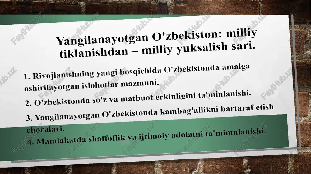 rd aqsh dollarilik 456 ta loyiha amalga oshirilmoqda. “obod qishloq” dasturi “obod mahalla” dasturi “har bir oila – tadbirkor” ma’lumki, milliy mustaqilligimizning bosh maqsadi yurtimizdagi har bir insonning izzat-hurmati va qadr- qimmatini joyiga qo’yishdan iboratdir. biz ana shu ezgu ishni davom ettirib, ijtimoiy adolat tamoyili asosida aholining yordamga muhtoj qatlamlarini qo’llab-quvvatlash, kambag’allikni kamaytirishni davlat siyosati darajasiga ko’tardik. jumladan, ijtimoiy nafaqa bilan ta’minlanadigan aholi soni qariyb 1,5 barobar oshirildi. yil yakuniga qadar ularning soni hozirgi 774 mingdan 1 million 200 ming nafarga yetkaziladi. ushbu toifani qo’llab-quvvatlash va iqtisodiyotimizni tiklash uchun davlat budjetidan o’n ikki yarim trillion so’m mablag’ ajratildi . shavkat mirziyoyev keyingi paytda uyma-uy yurib o’rganish orqali aholini ijtimoiy himoya qilish, ehtiyojmand oilalarni aniqlashning o’ziga xos yangi tizimi shakllantirildi. shu asosda, umumiy hisobda, moddiy yordam ko’rsatish uchun 417 milliard so’m mablag’ ajratildi. shuningdek, sentabr oyida moddiy yordam va ko’makka muhtoj, boquvchisini yo’qotgan oilalarning farzandlarini va nogironligi bo’lgan bolalarni qishki kiyim-bosh …