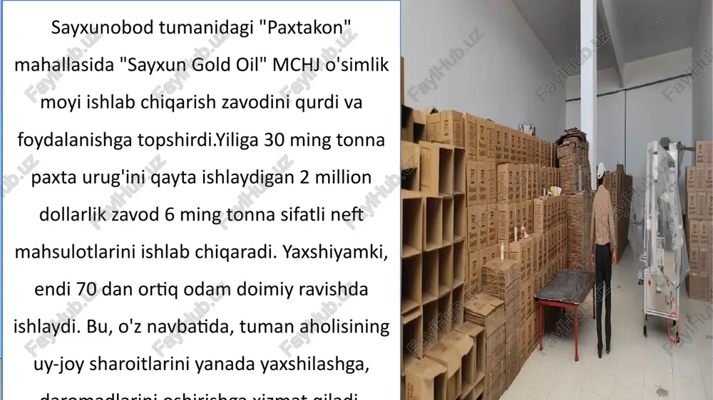 70.14 -202 92,2 5 bir xodimga to`g`ri keladigan urtacha yillik mahsulot sum (1g`2) 4857 5788 q931 119.16 6 bir ishchiga to`g`ri keladigan urtacha yillik mahsulot sum (1g`3) 5608 6118 q430 107.7 kompaniya qishloq xo'jaligi korxonalariga mineral o'g'itlar, kimyoviy moddalar va neft mahsulotlarini saqlash va etkazib berish bilan shug'ullanadi. kompaniyada 40 ming tonna mineral o'g'itlarni yaratish va saqlash uchun maxsus ta'minot bazasi, 200 tonna kimyoviy moddalarni saqlash uchun maxsus ombor va 500 tonna neft mahsulotlarini saqlash bazasi mavjud. . kompaniya mamlakatdagi barcha mineral o'g'itlarni ishlab chiqaradigan etkazib beruvchi kompaniyalar bilan hamkorlik qiladi. ish butunlay onlayn tarzda amalga oshiriladi. qishloq xo'jaligi mahsulotlarini etishtirish uchun zarur bo'lgan mineral o'g'itlar, kimyoviy moddalar va neft mahsulotlarini to'liq etkazib berish tashkil etildi. yetkazib berish mineral o'g'itlarni etkazib berish uchun 20 ta maxsus avtomobil va 10 ta mobil yoqilg'i quyish shoxobchasi yordamida amalga oshiriladi. polytexagro ta'minot bizning paxta tozalash zavodimiz 18 gektar maydonda ikkita paxta tozalash zavodi …