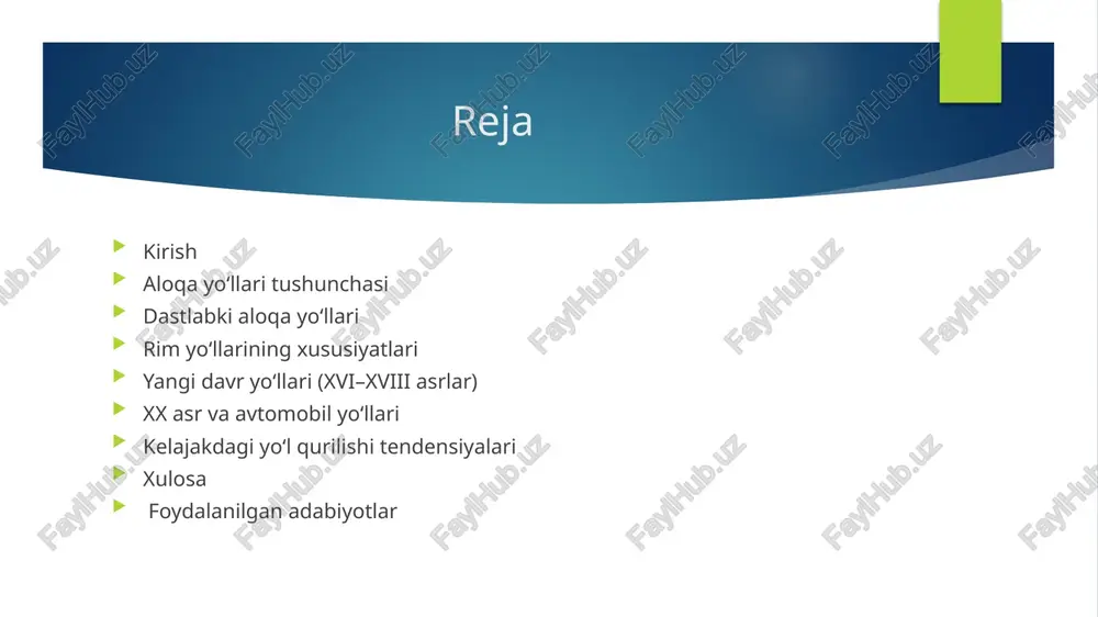 hur. ushbu yo‘llar harbiy, savdo va ma’muriy maqsadlarda faol foydalanilgan. qadimgi yo‘llar ko‘pincha tosh bilan qoplangan bo‘lib, yaxshi drenaj tizimiga ega edi, bu esa ularning chidamliligini oshirgan. rim yo‘llarining xususiyatlari qattiq va mustahkam: rim yo‘llari bir necha qatlamdan tashkil topib, qattiq toshlar bilan qoplangan. yaxshi drenaj tizimi: suvning yo‘l yuzasidan oqib ketishini ta’minlash uchun maxsus drenaj kanallari mavjud edi. to‘g‘ri chiziqlar: yo‘llar imkon qadar to‘g‘ri chiziqda qurilgan, bu transport harakatini tezlashtirgan. uzoq masofalarni bog‘lash: rim imperiyasining turli hududlarini birlashtirib, harbiy va savdo aloqalarini rivojlantirishga xizmat qilgan. doimiy ta’mirlash: yo‘llar muntazam ta’mirlangan va boshqarilgan. o‘rta asrlar aloqa yo‘llari o‘rta asrlarda yo‘llar asosan savdo va ziyorat yo‘nalishlarini bog‘lash uchun rivojlantirildi. qal’alar, shaharchalar va bozorlarga yo‘llar qurildi, lekin rim davridagi kabi keng tarmoqlar bo‘lmadi. ko‘priklar va tunellar qurilishi orqali tabiiy to‘siqlar yengib o‘tildi. yo‘l qurilishi texnologiyasi va sifati pasaygan, yo‘llar ko‘pincha loyqa va noqulay bo‘lgan. o‘rta asrlarda yo‘l qurilishi texnologiyasi yo‘llar asosan tabiiy …