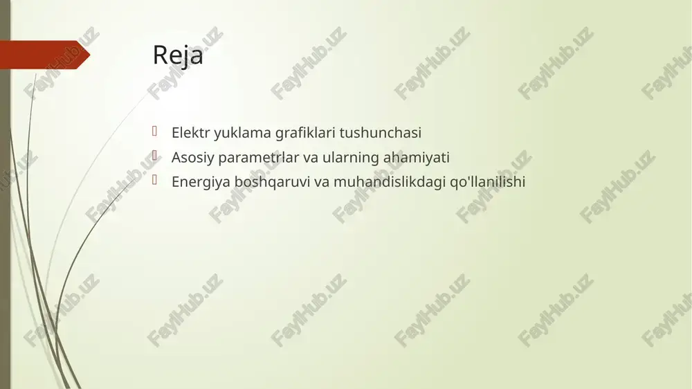 o‘yicha kuzatishga xizmat qiladi. bu grafiklar energiya ta'minotini optimallashtirishda yordam beradi. 04 yuklama ko‘rsatkichlari yuklama ko‘rsatkichlari, masalan, maksimal yuk, o‘rtacha yuk va energiya sarfi ko‘rsatkichlari, energiya tizimlarining samaradorligini baholashda muhim ahamiyatga ega. elektr yuklama grafiklarining tuzilishi va elementlari. yuklama grafiklari asoslari elektr yuklama grafiklari, energiya iste'moli va ta'minot o'zgarishlarini ko'rsatadigan vizual asboblar bo'lib, energiya tizimlarining samaradorligini baholashda muhimdir. asosiy elementlar yuklama grafiklarida asosiy elementlar energiya iste'moli, vaqt, kuchlanish va tok ko'rsatkichlarini o'z ichiga oladi, bu esa tahlil va rejalashtirishda yordam beradi. grafik tuzilishi yuklama grafiklari odatda vaqt o'qida energiya iste'molini, vertikal o'qda esa kuchlanish va tok ko'rsatkichlarini tasvirlaydi, bu esa energiya oqimining dinamikasini ko'rsatadi. yuklama grafiklarini o‘rganish: metodologiya va texnikalar. yuklama grafiklarini o‘rganish energiya taqsimoti va iste'moli tahlilida muhim ahamiyatga ega. ushbu metodologiya quyidagi usullarni o‘z ichiga oladi: - ma'lumotlarni yig‘ish va tahlil qilish - grafikalash va vizualizatsiya - energiya sarfini prognozlash. bu jarayonlar yuklama grafiklarining samarali boshqarilishiga yordam beradi. …