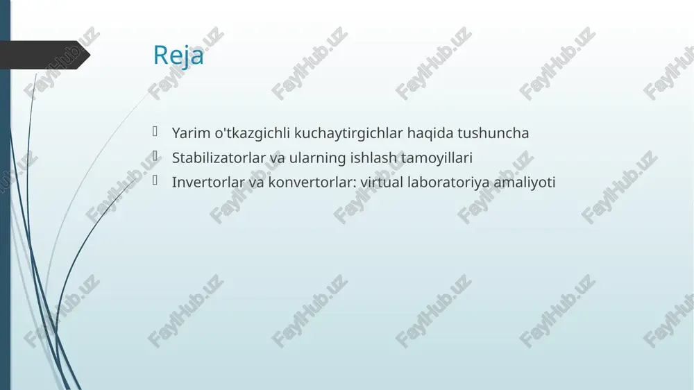 rgichlarning turlari va ularning afzalliklari. kuchaytirgich turlari yarim o'tkazgichli kuchaytirgichlar asosiy ikki turga bo'linadi: kuch ko'paytirgichlar va kuchlanish ko'paytirgichlari. har biri o'ziga xos ishlash usuli va qo'llanilish sohalariga ega. afzalliklari yarim o'tkazgichli kuchaytirgichlar yuqori samaradorlik, kichik o'lcham va ishonchlilik kabi afzalliklarni taqdim etadi. bu ularni zamonaviy elektron qurilmalarda keng qo'llanilishi uchun ideal qiladi. qo'llanilish sohalari ular telekommunikatsiya, audio va video texnologiyalari, shuningdek, avtomatlashtirilgan tizimlarda keng qo'llaniladi. bu kuchaytirgichlar signallarni mustahkamlash va boshqarish uchun muhimdir. yarim o'tkazgichli kuchaytirgichlar va ularning elektronika sohasidagi qo'llanilishi. 1 yarim o'tkazgichlar turlari yarim o'tkazgichli kuchaytirgichlar, asosan, bjt, fet va mosfet kabi turlarga bo'linadi. har bir tur o'zining xususiyatlari bilan farq qiladi. 2 elektronika sohasidagi roli yarim o'tkazgichlar elektronika tizimlarida kuchaytirish, signalni uzatish va energiya konversiyasi vazifalarini bajaradi, bu esa ularning muhimligini oshiradi. 3 amaliy qo'llanishlar yarim o'tkazgichlar audiotexnika, telekommunikatsiya va raqamli elektronika kabi sohalarda keng qo'llanilib, zamonaviy texnologiyalarning asosi bo'lib xizmat qiladi. yarim o'tkazgichli kuchaytirgichlar: virtual …