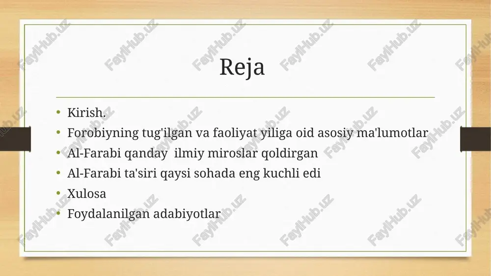 um. al-farabi hayoti davomida koʻplab sohalarda ishlab chiqarish va xususan falsafa, siyosat, musiqa va ilm-fan sohasida e'tiborli muammolar qoldirgan. al-farabi qanday ilmiy miroslar qoldirgan al-farabi, bir nechta sohalarda ilmiy yutuqlar qoldirgan. uning eng mashhur yutuqlari quyidagilardir: falsafa: al-farabi, aristotelning asarlarini islomiy fikrlar bilan sintez qilgan. u aristotelning asarlarini arab tiliga tarjima qilgan va ular ustida chuqur oʻrganishlar olib borib, bu hisoblanadigan faoliyat islom falsafasi boʻyicha boshqa olimlar tomonidan qabul qilindi. siyosat falsafasi: al-farabi siyosat falsafasiga katta qiziqqan boʻlib, ideal davlat qanday boʻlishi kerakligini oʻrganishga toʻgʻri kelgan. "fazilat shahri" nomli asari, ideal jamiyat va boshqaruv shakllarini belgilaydi. bu asar, siyosat falsafasi sohasida muhim manba boʻlib qaraladi. musiqi nazariyasi: al-farabi musiqi nazariyasiga muhim qoʻshimchalar kiritgan. "el-musiqi'l-kebir" nomli asari, arab musiqisini va akustikasini tafsilotli oʻrganishdir. u shuningdek, musiqaning inson ruhiga qanday ta'sir qilishi haqida oʻylagan. diniy falsafa: al-farabi, dinni falsafa boyicha ham muntazam tushuntirish kiritgan. u dinni ijtimoiy tartibga qanday ta'sir qilishi va …