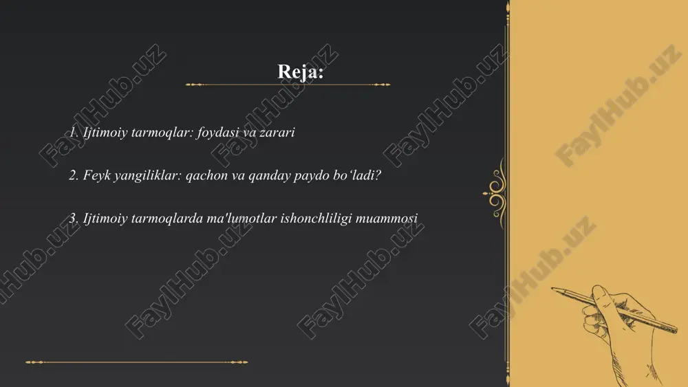 'ni yolg‘on yangiliklar, odatda ma'lum manfaatlar yoki e'tiborni chalg‘itish uchun ixtiro qilinadi. bu fenomen xx asr oxiri va xxi asr boshlarida internet va ijtimoiy tarmoqlarning keng tarqalishi bilan kengroq tarqala boshladi. feyk yangiliklar ko'pincha ijtimoiy tarmoqlar orqali tez tarqaladi, chunki ular odamlarning e'tiborini jalb qilish uchun sensatsion yoki hayratlanarli bo‘lishi mumkin. misol uchun, 2016-yilgi aqsh prezidentlik saylovlari davrida feyk yangiliklar muhim muammoga aylangan edi. 2020-yilda esa covid-19 pandemiyasi davomida sog‘liqni saqlash bilan bog‘liq feyk yangiliklar soni keskin oshdi. raqamlarga ko‘ra, so‘nggi yillarda feyk yangiliklar muammosi global iqtisodiyotga soladigan zarar yillik 78 milliard dollarga yetishi mumkin. ... t.me/slaydai_bot ijtimoiy tarmoqlarda ma'lumotlar ishonchliligi muammosi ushbu platformalarning ommaviyligidan kelib chiqadi. 2021 yilda dunyo bo'ylab ijtimoiy tarmoq foydalanuvchilarining soni 4.2 milliarddan oshgan, bu esa noto'g'ri yoki yolg'on ma'lumotlarning tez tarqalishiga olib kelmoqda. pew research markazi ma'lumotlariga ko'ra, 64% voyaga yetgan amerikaliklar ijtimoiy tarmoqlardan yangiliklarni oladi, ammo ulardan atigi 29% yangiliklar ishonchliligiga ishonch bildirgan. facebook …