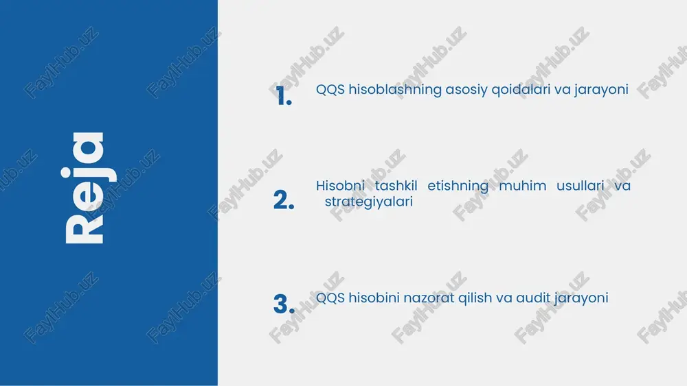 avkasi) ko'rsatilishi mumkin. 3. tahlil qilish: hisoblangan qqsning natijalari tahlil qilinadi, bu esa kelajakdagi strategiyalarni belgilashda yordam beradi. 4. hisobot tayyorlash: oxirgi bosqichda, hisoblangan ma'lumotlar asosida hisobotlar tayyorlanadi va tegishli organlarga taqdim etiladi. 1 2 3 4 qqs hisoblashning asosiy qoidalari 1. qqsni to‘g‘ri aniqlash: qqsni hisoblashda asosiy e’tibor to‘ldirilgan hujjatlarda ko‘rsatilgan ma’lumotlarga asoslanishi kerak. har bir hujjatning to‘g‘riligini tekshirish muhimdir, chunki u noto‘g‘ri ma’lumotlar bilan hisob-kitob qilishga olib kelishi mumkin. 2. hisob-kitob jarayonining shaffofligi: qqs hisoblash jarayoni shaffof bo‘lishi zarur. bu, mijozlarga hisob-kitob jarayonini tushunishga yordam beradi va kelajakda yuzaga kelishi mumkin bo‘lgan muammolarni oldini olishga yordam beradi. 3. qoidalar va qonunlarga rioya qilish: qqs hisoblashda barcha tegishli qonunlar va qoidalariga amal qilish zarur. bu qonunlarga rioya qilish, kompaniya uchun moliyaviy jazolardan qochishga yordam beradi. 4. yangilanishlar va o‘zgarishlardan xabardor bo‘lish: qqs hisoblash qoidalari va qonunlari doimiy ravishda yangilanib turadi. ushbu o‘zgarishlardan xabardor bo‘lish, hisob-kitob jarayonini to‘g‘ri bajarish uchun …