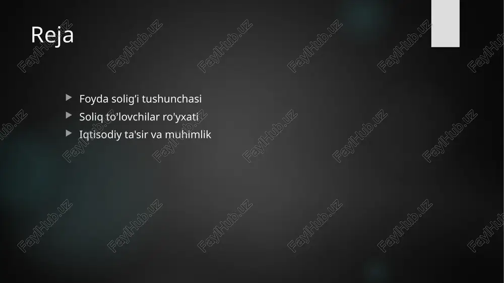 pasayishi, investorlar uchun qulay sharoitlar yaratadi va iqtisodiy o'sishni rag'batlantiradi, yangi ish o'rinlarini ochadi. 3 ijtimoiy mas'uliyat soliq to'lovchilarning ijtimoiy mas'uliyati, jamiyatda iqtisodiy barqarorlikni ta'minlash va mahalliy rivojlanishga hissa qo'shish orqali kuchayadi. soliq to'lovchilarning rolini tushunish: ularning mas'uliyati. soliq to'lovchilarning mas'uliyati iqtisodiy rivojlanishda muhim o'rin tutadi. ular davlat budjetini to'ldirib, ijtimoiy loyihalarni moliyalashtirishga yordam beradi. bularning barchasi iqtisodiy barqarorlik va farovonlikni ta'minlaydi. foyda solig’i va davlat byudjeti: moliya tizimidagi o'rni. 1 foyda solig’i va byudjet foyda solig’i davlat byudjetining asosiy manbalaridan biridir, bu esa davlatning moliyaviy barqarorligini ta'minlaydi va xizmatlar uchun mablag’ ajratadi. 2 moliya tizimidagi ahamiyati foyda solig’i, davlat moliyaviy tizimida muhim rol o'ynaydi, iqtisodiy o'sish va ijtimoiy xizmatlar uchun zarur mablag’larni yig'ish imkonini beradi. 3 soliq to'lovchilarning ta'siri soliq to'lovchilarning faoliyati, davlat byudjetini shakllantirishda muhim ahamiyatga ega, bu esa iqtisodiy barqarorlikka hissa qo'shadi va investitsiyalarni jalb qiladi. foyda solig’i to'lovchilari: kimlar va nima uchun?. 01 foyda solig’i to'lovchilari …
