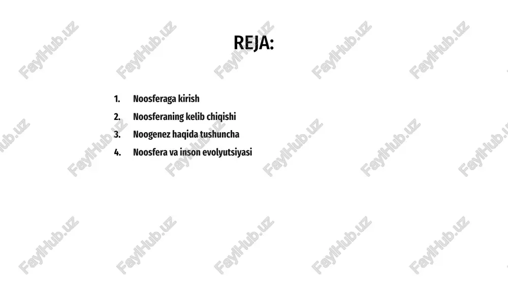 butun dunyoni shakllantirishdagi rolini tan olishni talab qiladi. bu bizni umumiy bilim va xabardorlik orqali o'sish va taraqqiyot potentsialini o'rganishga undaydi. salavha noosfera kontseptsiyasi inson bilishi va bilimi dunyoni qanday shakllantirishi haqidagi g'oyani o'rganadi. bu inson evolyutsiyasining navbatdagi bosqichi bo'lib, u erda jamoaviy inson aqli asosiy kuchga aylanadi. 1 noogenez intellekt va kognitiv jarayonlarning paydo bo'lishi va rivojlanishini anglatadi. bu noosferaning vujudga kelishi jarayonidir, chunki inson tafakkuri va ongining rivojlanishi davom etadi. 3 noosfera va inson evolyutsiyasi bir-biri bilan chambarchas bog'liqdir, chunki inson tafakkuri va bilimi jamoaviy inson ongining rivojlanishiga turtki beradi. bu dunyoni shakllantirishda inson aqlining rolini o'rganuvchi tushunchadir. 2 5. zamonaviy jamiyatda noosfera kontseptsiyasi a per teilhard de sharden tomonidan taklif qilingan noosfera kontseptsiyasi global ong yoki ong g'oyasi bo'lib, u barcha tirik mavjudotlarni va ularning atrof-muhit bilan o'zaro ta'sirini o'z ichiga oladi. b noosferaning paydo bo'lishi va evolyutsiyasi jarayoni bo'lgan noogenez inson tafakkuri va innovatsiyalari bilan ta'minlanib, …